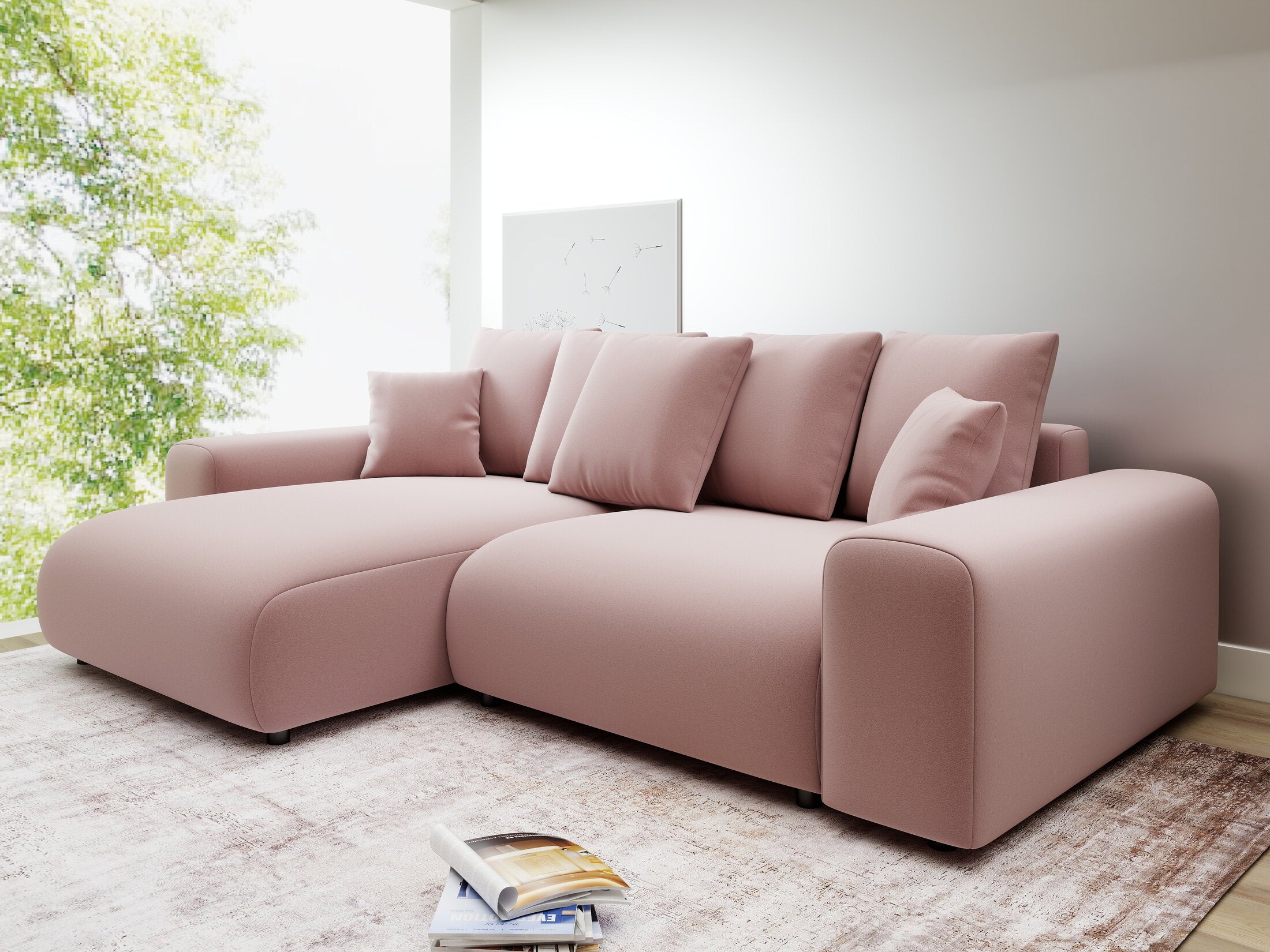 Colțar extensibil dumonde cu ladă de depozitare și șezut confortabil din spumă HR, Luma Royal Roz 255x168 cm