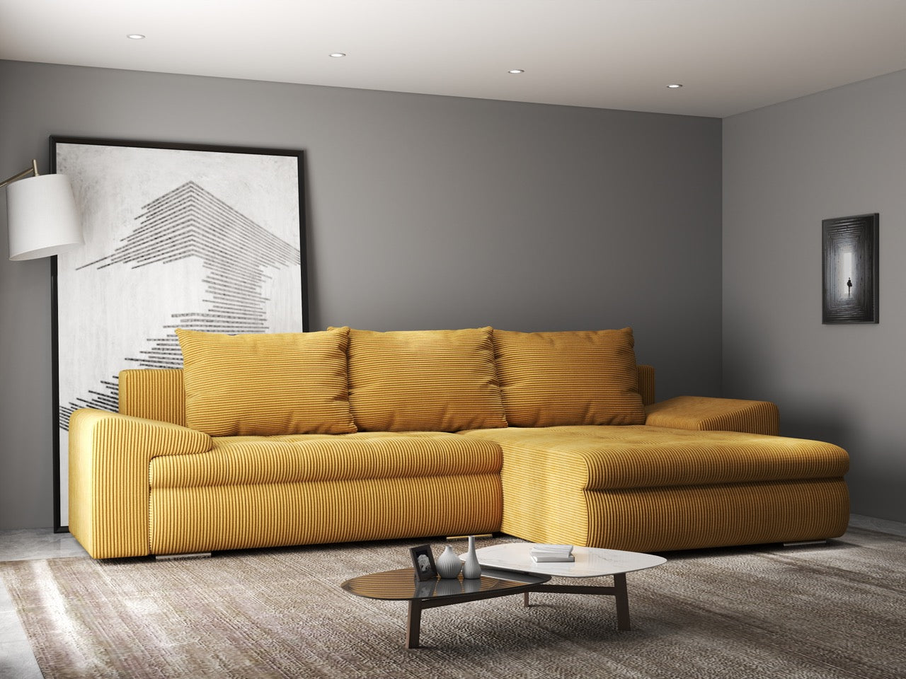 Colțar extensibil dumonde cu ladă de depozitare si sezut confortabil din spuma HR, Leonardo Zoom Mustar 260x185 cm II Fabrica