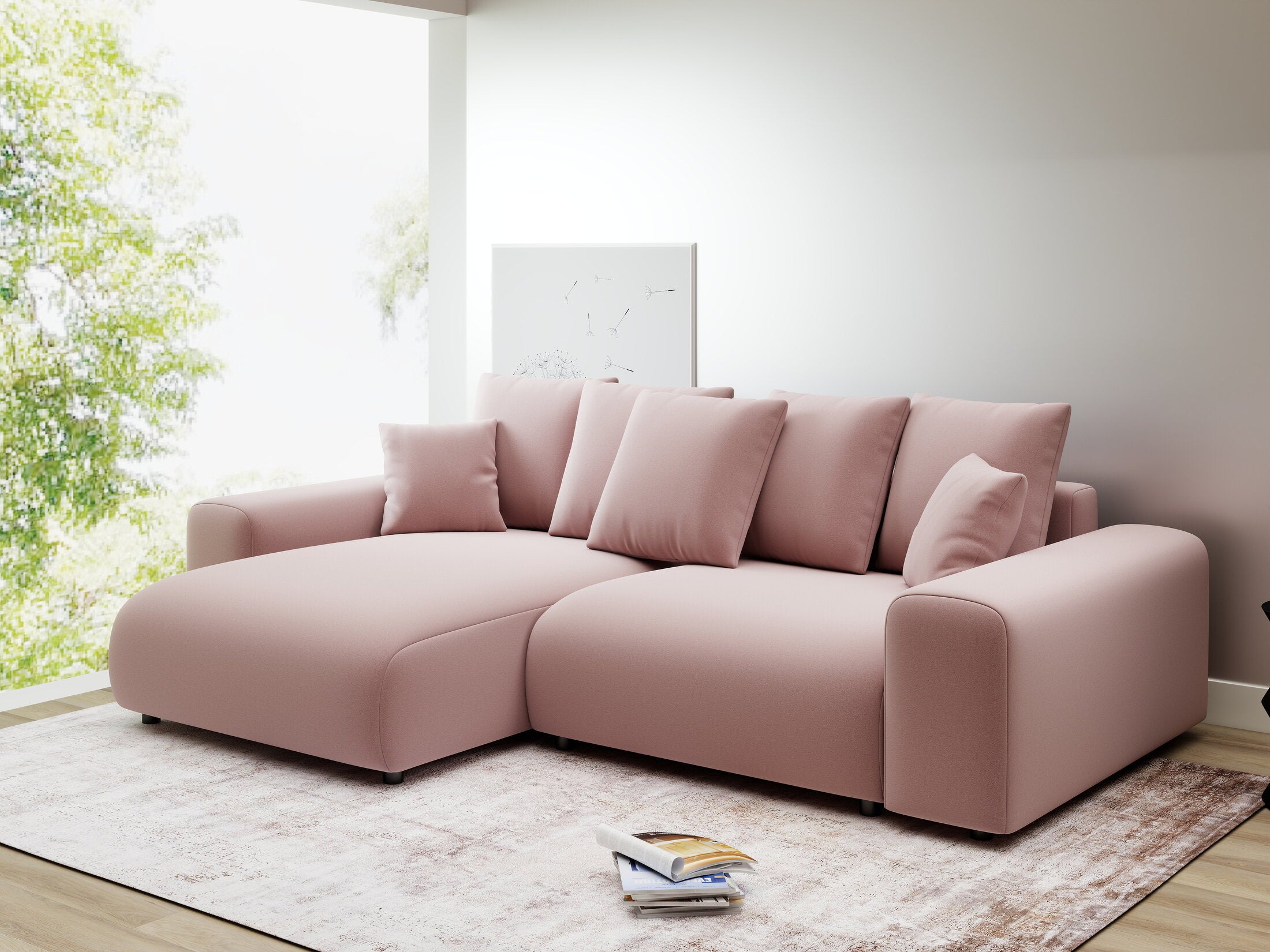 Colțar extensibil dumonde cu ladă de depozitare și șezut confortabil din spumă HR, Luma Royal Roz 255x168 cm