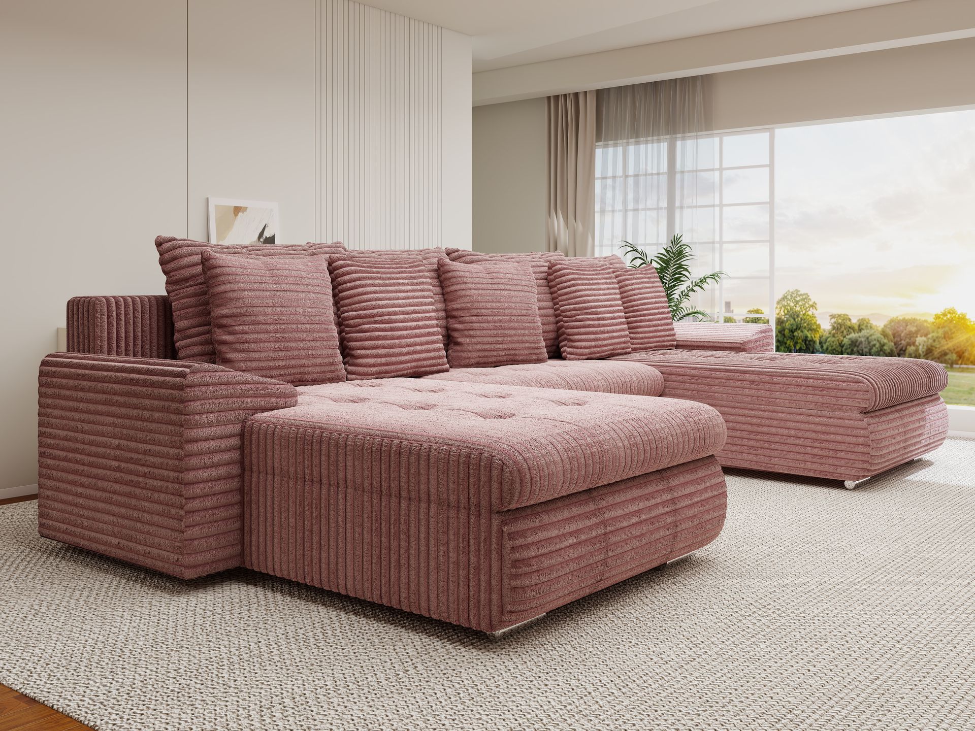 Colțar extensibil dumonde cu ladă de depozitare si sezut confortabil din spuma high-density, Leonardo U Tilia Roz Pudrat 62 360x185 cm