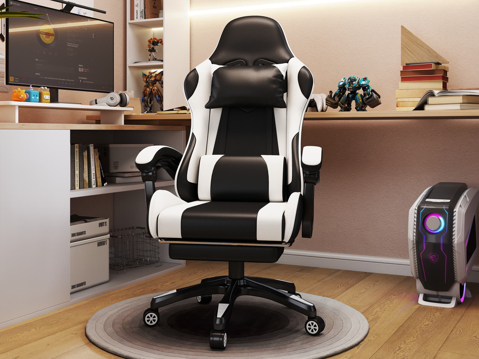 Scaun gaming Dumonde VIPER, mecanism multifuncțional, ecopiele, suport picioare, alb/negru