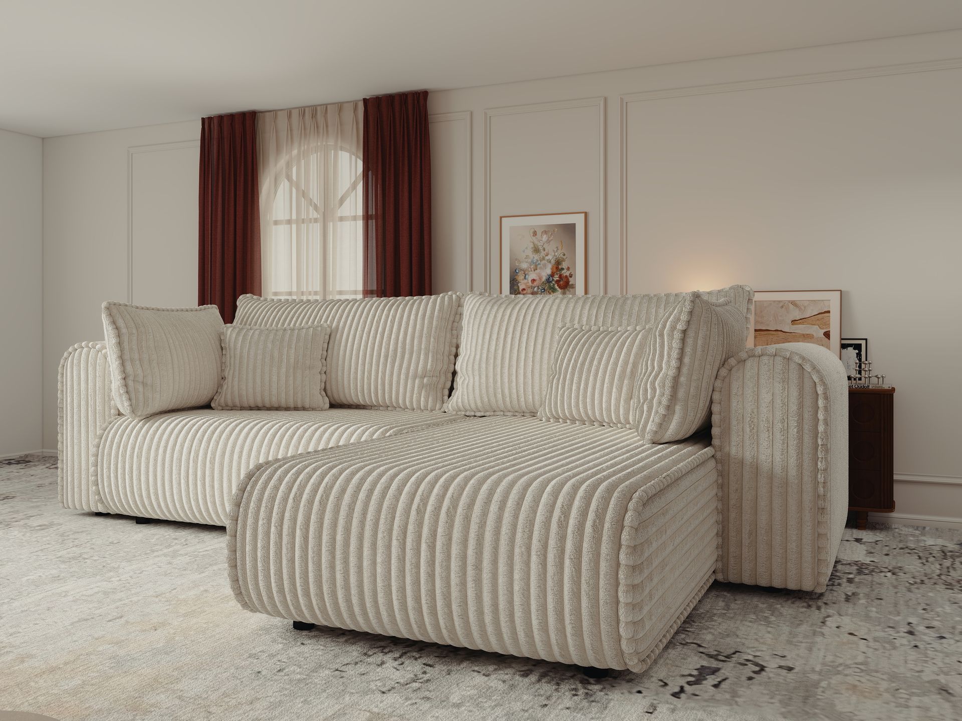 Colțar extensibil dumonde cu ladă de depozitare si sezut confortabil din spuma high-density, Monaco L Tilia Bej II 270x100 cm