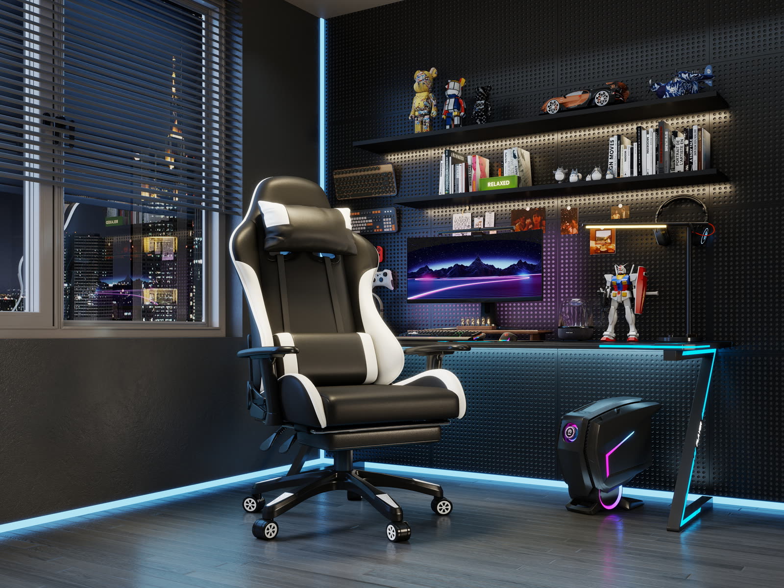 Scaun gaming Dumonde RAVEN X, mecanism multifuncțional, ecopiele, suport picioare, negru