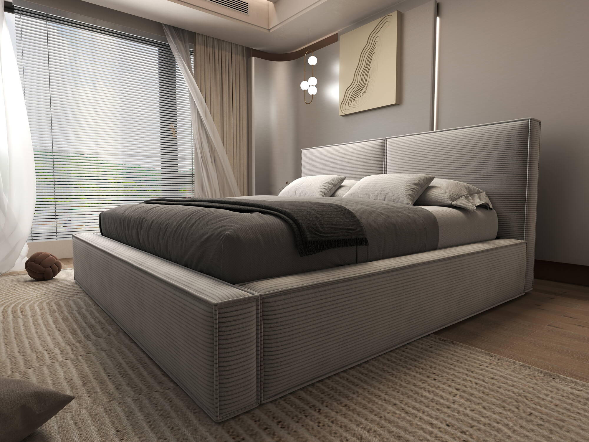 Pat dormitor dumonde, tapitat gri, Bogart 180x200 cm, somiera rabatabila inclusa, spatiu depozitare