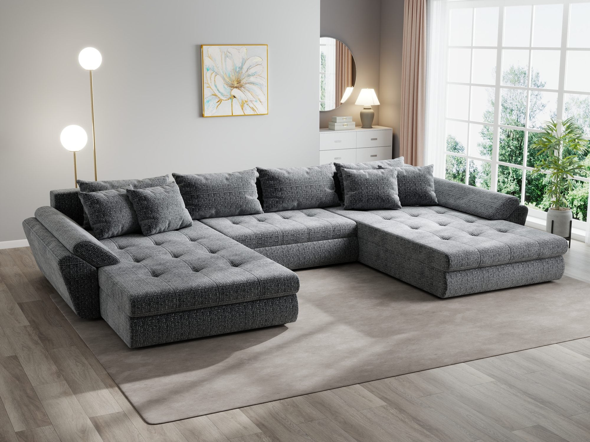 Colțar extensibil dumonde cu ladă de depozitare si sezut confortabil din spuma high-density, Loana U Cremona Gri 95 355x185 cm