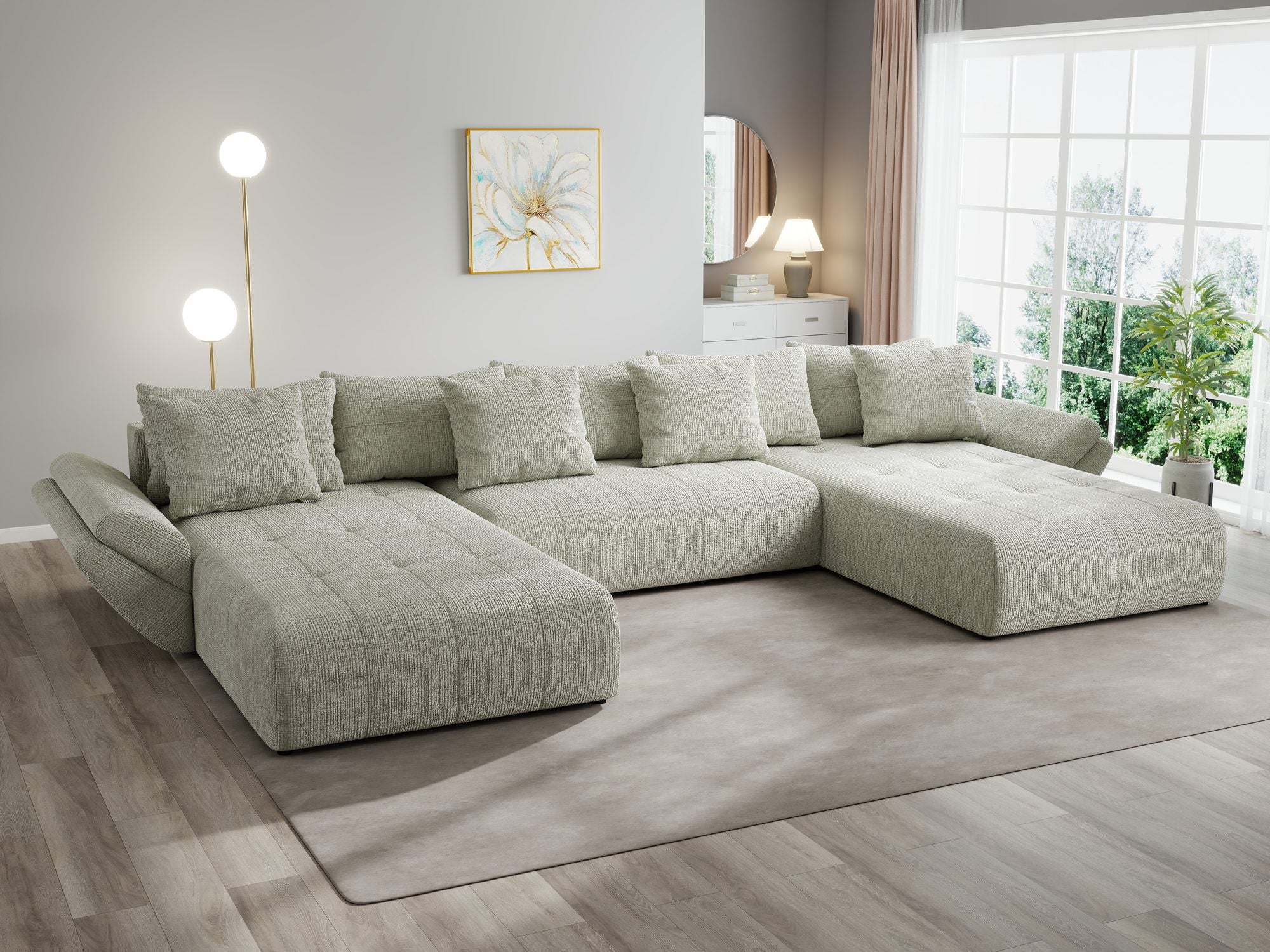 Colțar extensibil dumonde cu ladă de depozitare si sezut confortabil din spuma high-density, Berlin U Cremona Bej 04 380x180 cm