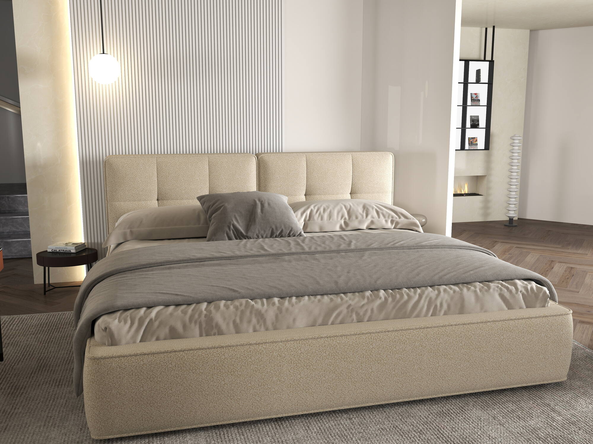 Pat dormitor dumonde, tapitat bej, Vegas 180x200 cm, somiera rabatabila inclusa, spatiu depozitare