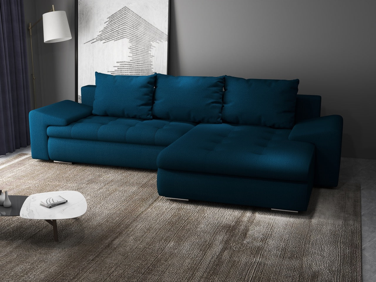 Colțar extensibil dumonde cu ladă de depozitare si sezut confortabil din spuma HR, Leonardo Enjoy Petrol 260x185 cm II Fabrica