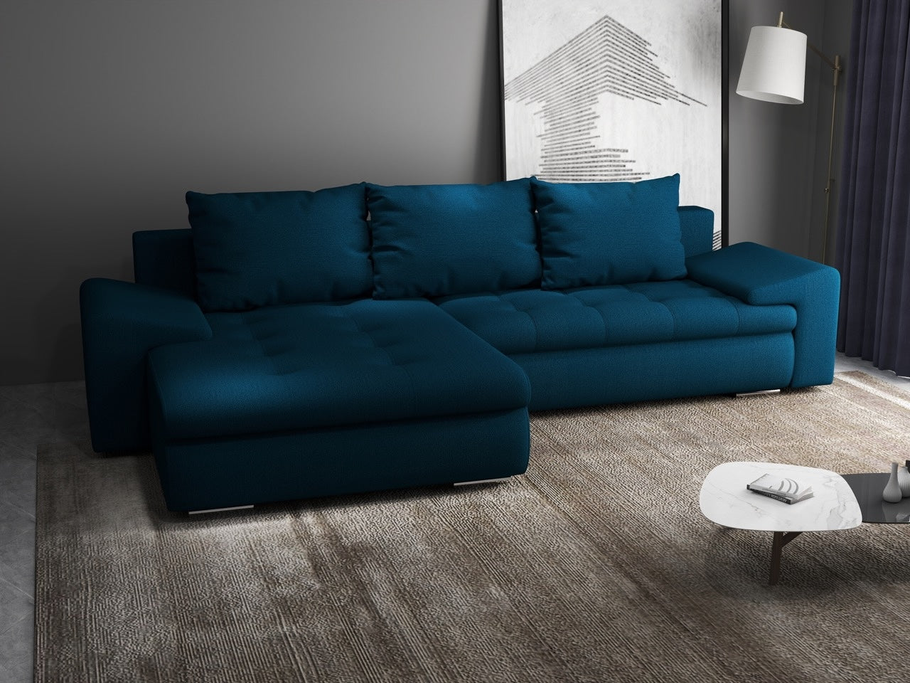 Colțar extensibil dumonde cu ladă de depozitare si sezut confortabil din spuma HR, Leonardo Enjoy Petrol 260x185 cm Fabrica