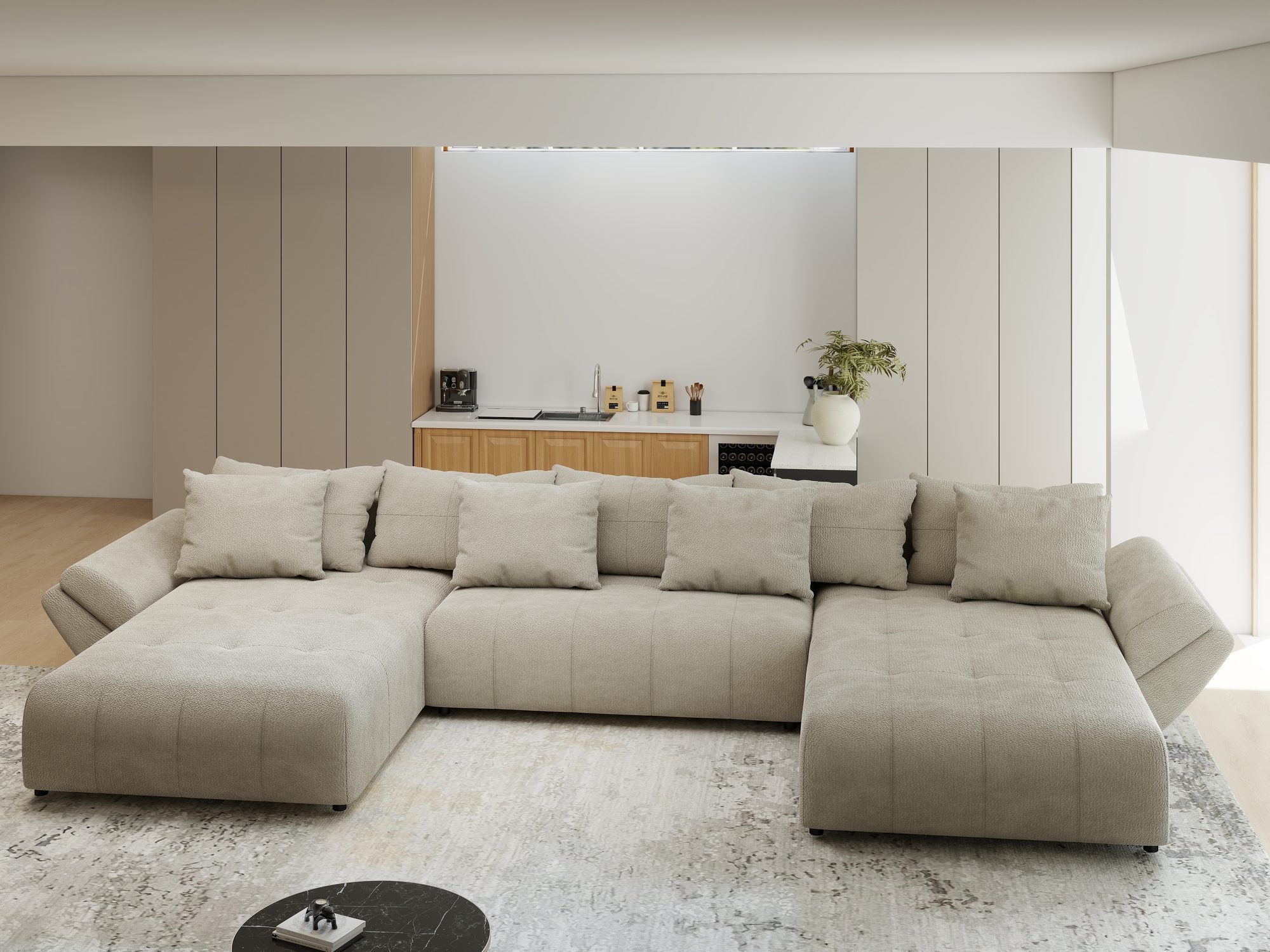 Colțar extensibil dumonde cu ladă de depozitare si sezut confortabil din spuma high-density, Berlin U Vibe Bej 06 380x180 cm