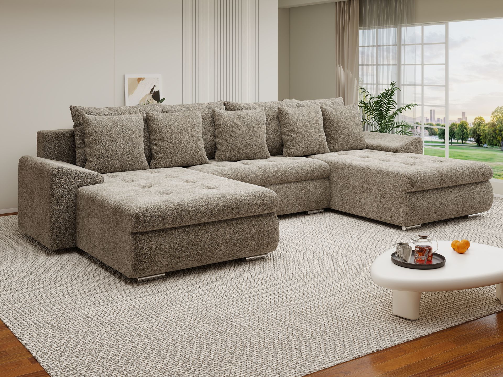 Colțar extensibil dumonde cu ladă de depozitare si sezut confortabil din spuma high-density, Leonardo U Arena Bej 04 360x185 cm