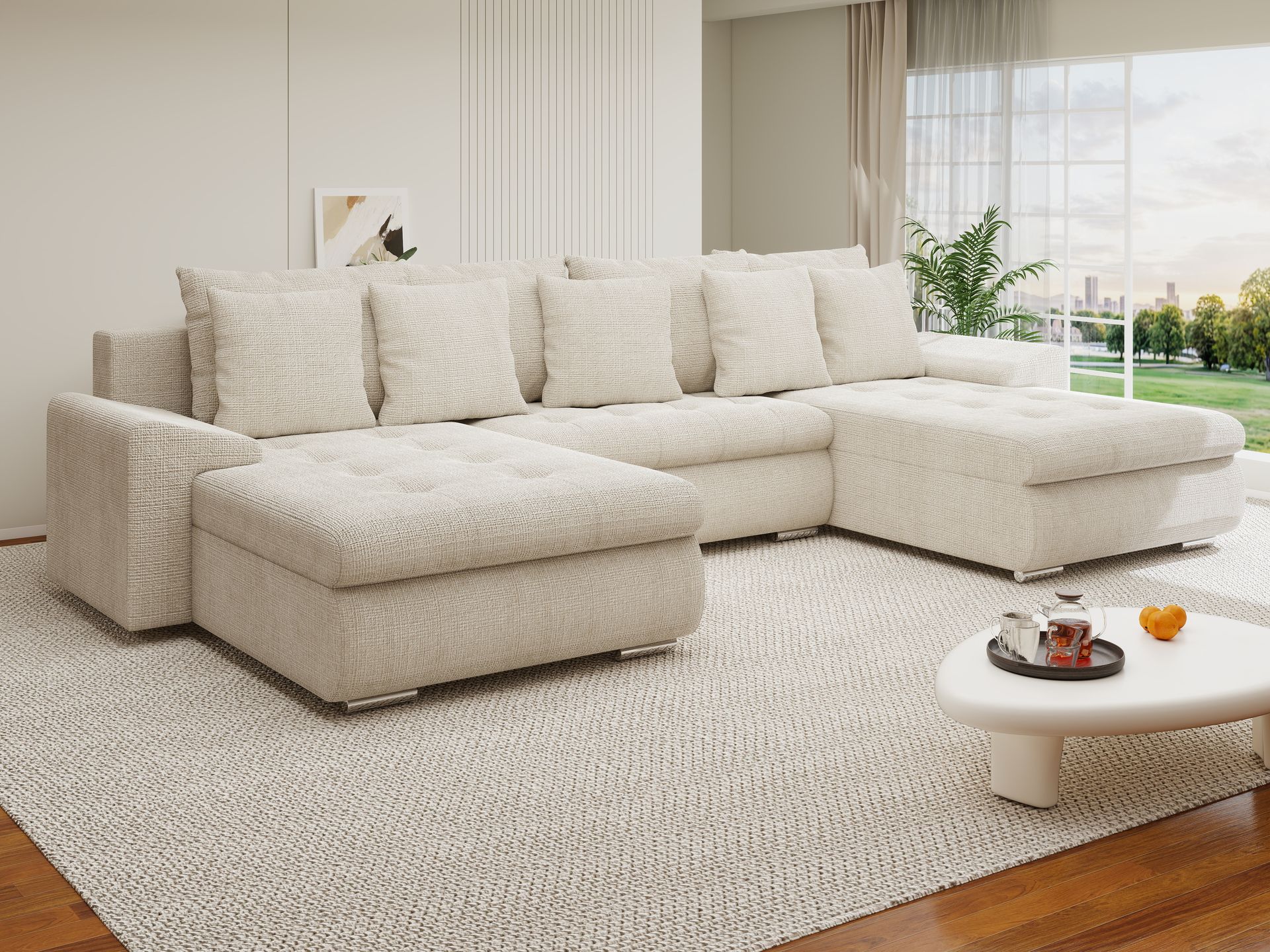 Colțar extensibil dumonde cu ladă de depozitare si sezut confortabil din spuma high-density, Leonardo U Cremona Gri Deschis 02 360x185 cm