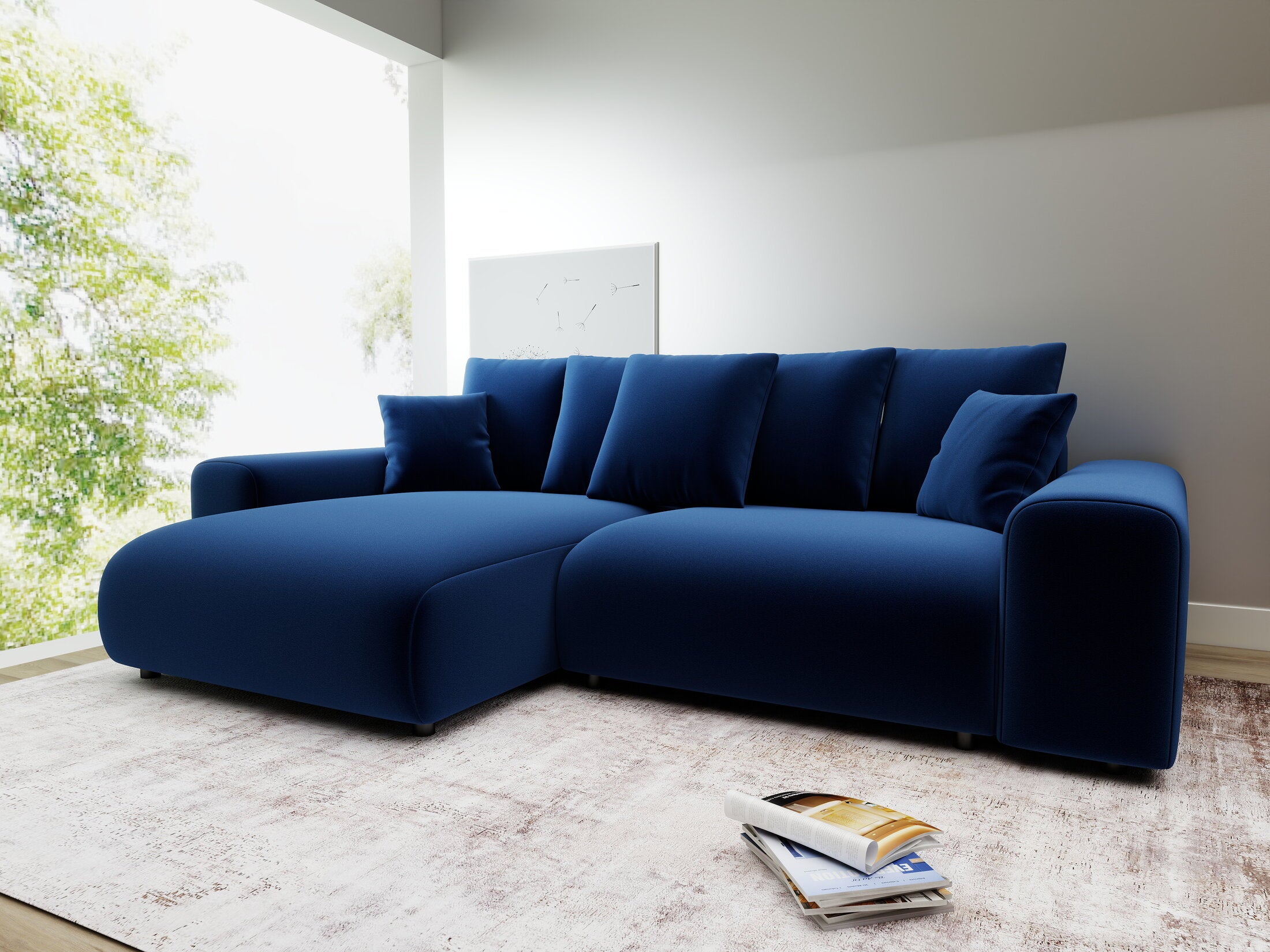 Colțar extensibil dumonde cu ladă de depozitare și șezut confortabil din spumă HR, Luma Royal Albastru Navy 255x168 cm