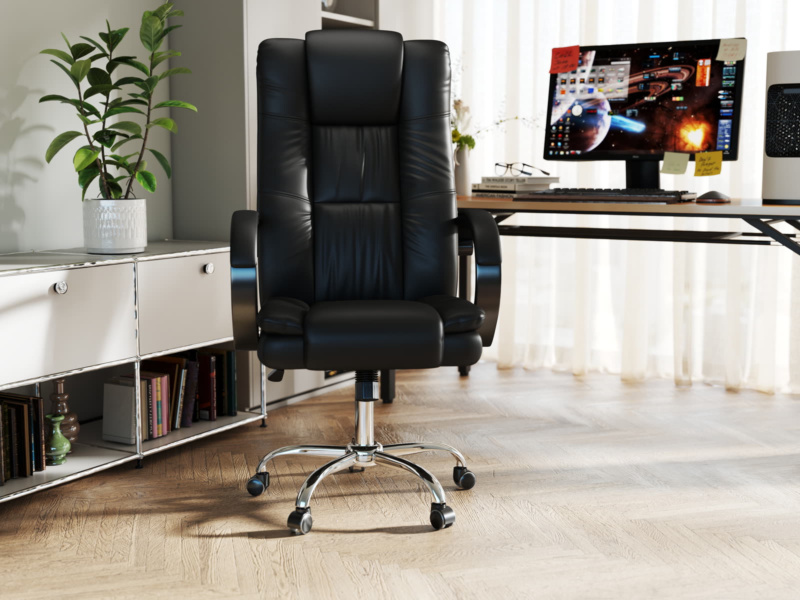 Scaun Dumonde IRONCLAD, cotiere 3D, mecanism multifuncțional, ecopiele, suport picioare, negru