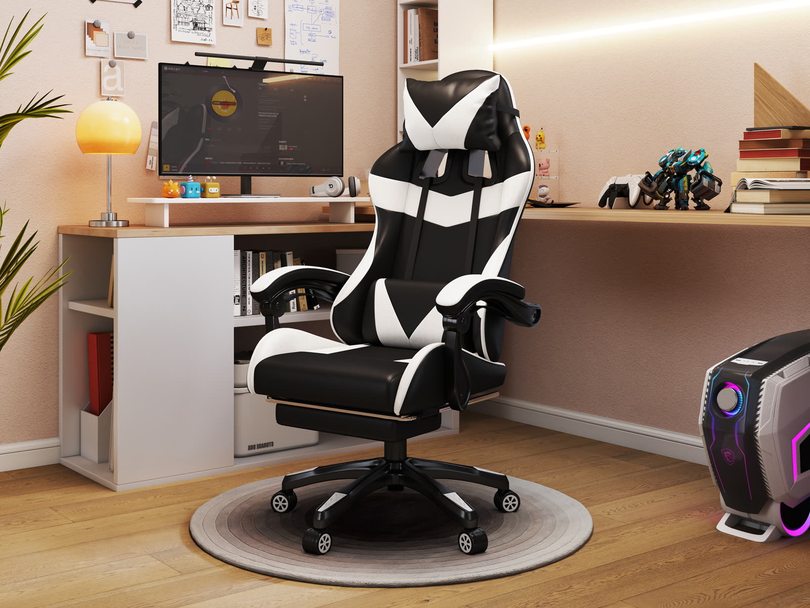 Scaun gaming Dumonde HELLION, mecanism multifuncțional, ecopiele, suport picioare, alb/negru