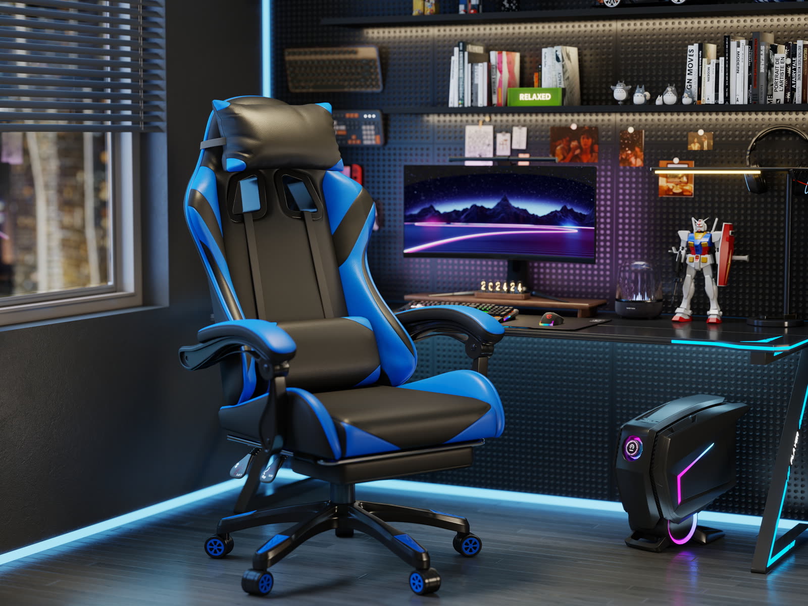 Scaun gaming Dumonde PREDATOR, mecanism multifuncțional, ecopiele, suport picioare, albastru/negru