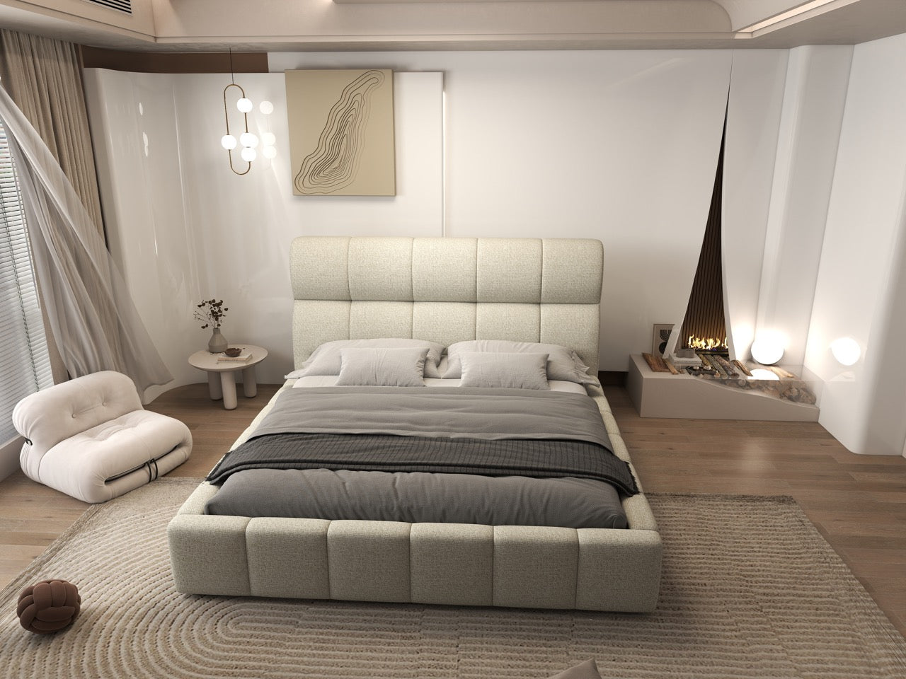 Pat dormitor dumonde, tapitat bej, Prestige 180x200 cm, somiera rabatabila inclusa, spatiu depozitare