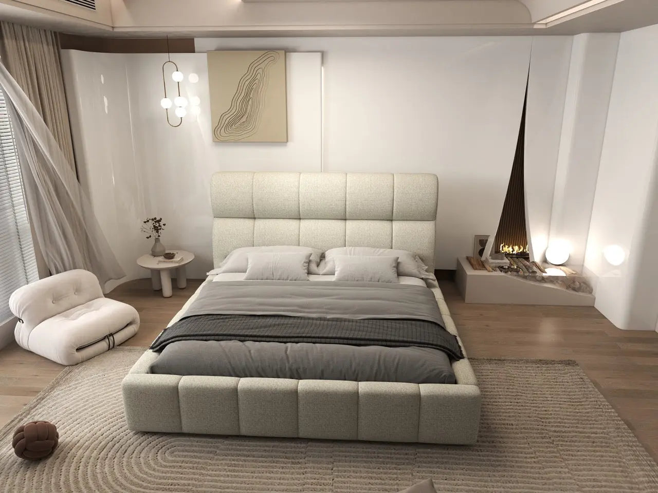 Pat dormitor dumonde, tapitat bej, Prestige 180x200 cm, somiera rabatabila inclusa, spatiu depozitare WLS