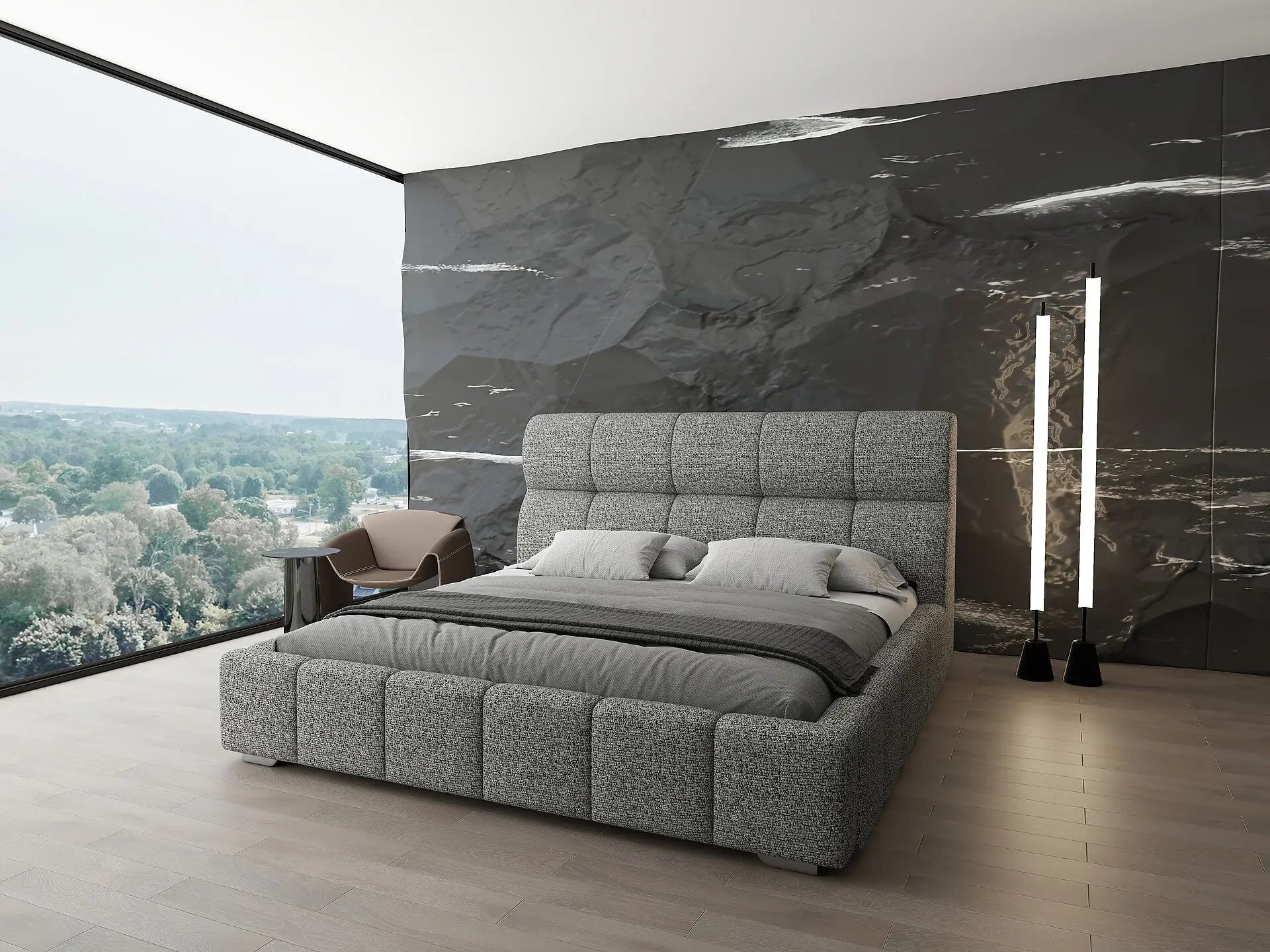 Pat dormitor dumonde, tapitat bej, Prestige 180x200 cm, somiera rabatabila inclusa, spatiu depozitare WLS