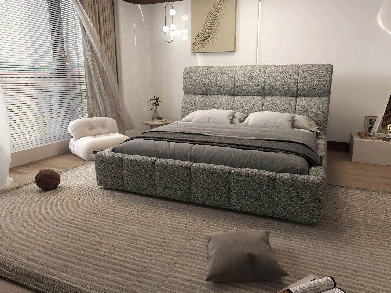 Pat dormitor dumonde, tapitat bej, Prestige 180x200 cm, somiera rabatabila inclusa, spatiu depozitare WLS