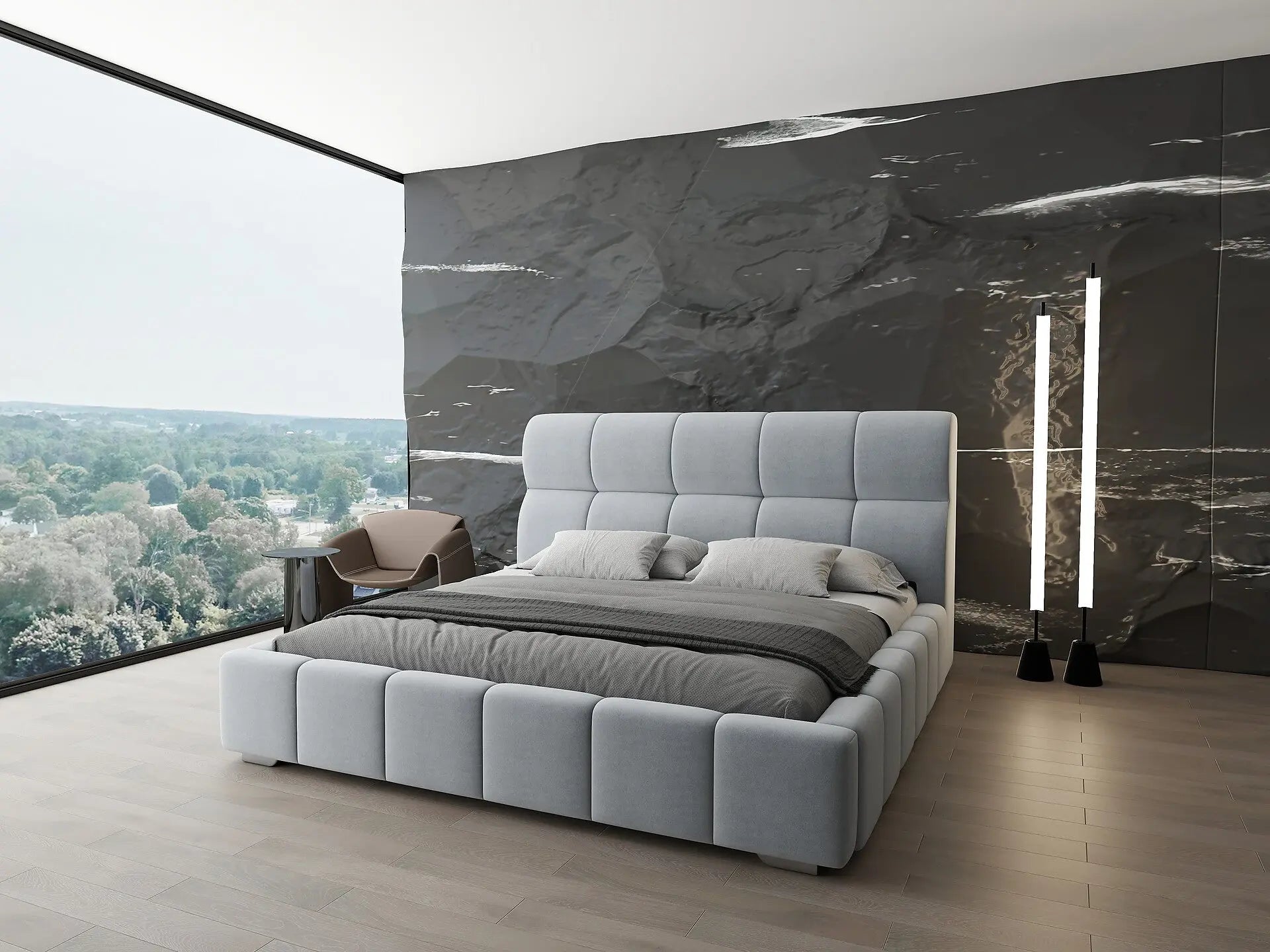 Pat dormitor dumonde, tapitat gri, Prestige 160x200 cm, somiera rabatabila inclusa, spatiu depozitare WLS