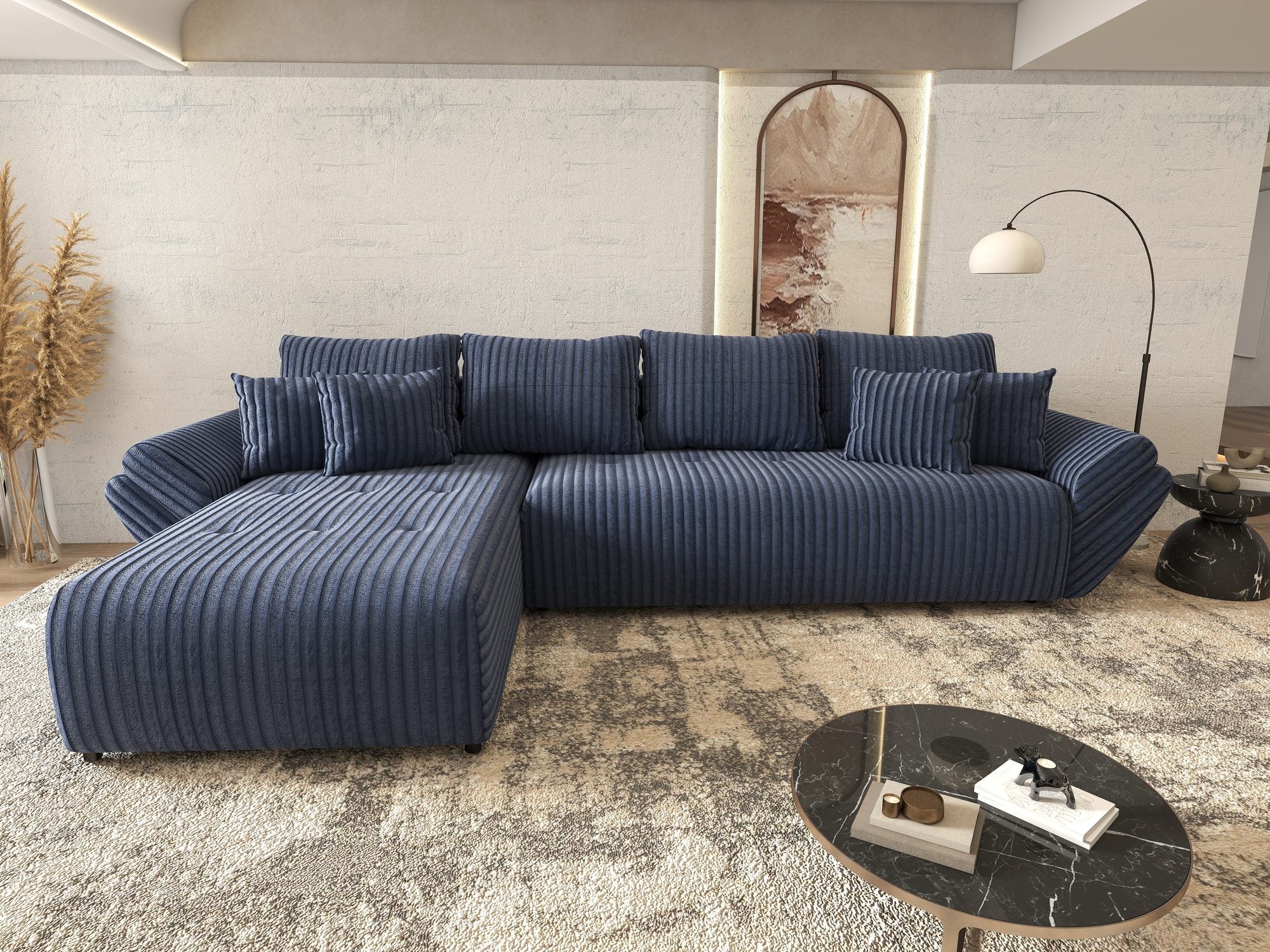 Colțar extensibil dumonde cu ladă de depozitare si sezut confortabil din spuma high-density, Berlin XL Tilia Albastru 77 350x185 cm