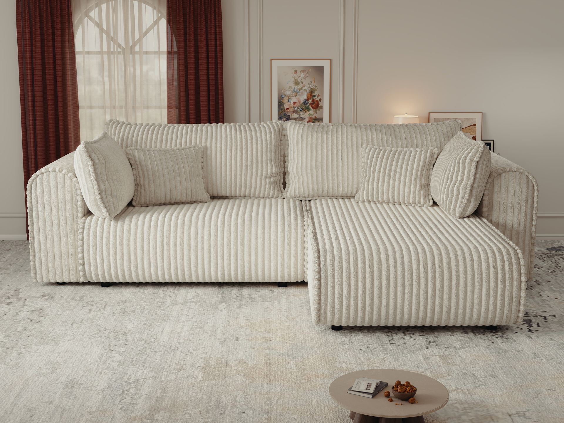 Colțar extensibil dumonde cu ladă de depozitare si sezut confortabil din spuma high-density, Monaco L Tilia Crem II 270x100 cm