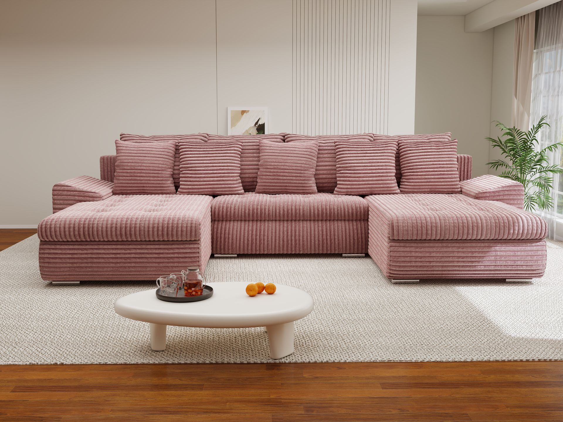 Colțar extensibil dumonde cu ladă de depozitare si sezut confortabil din spuma high-density, Leonardo U Tilia Roz Pudrat 62 360x185 cm