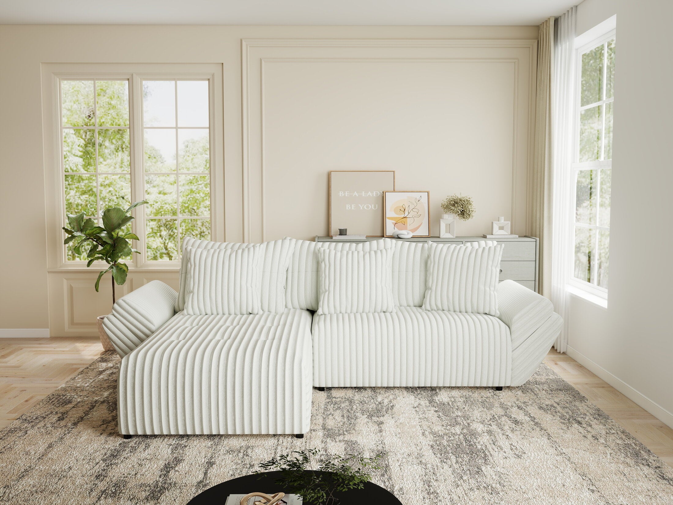 Colțar extensibil dumonde cu ladă de depozitare si sezut confortabil din spuma HR, Berlin Ambience Alb 280x185 cm