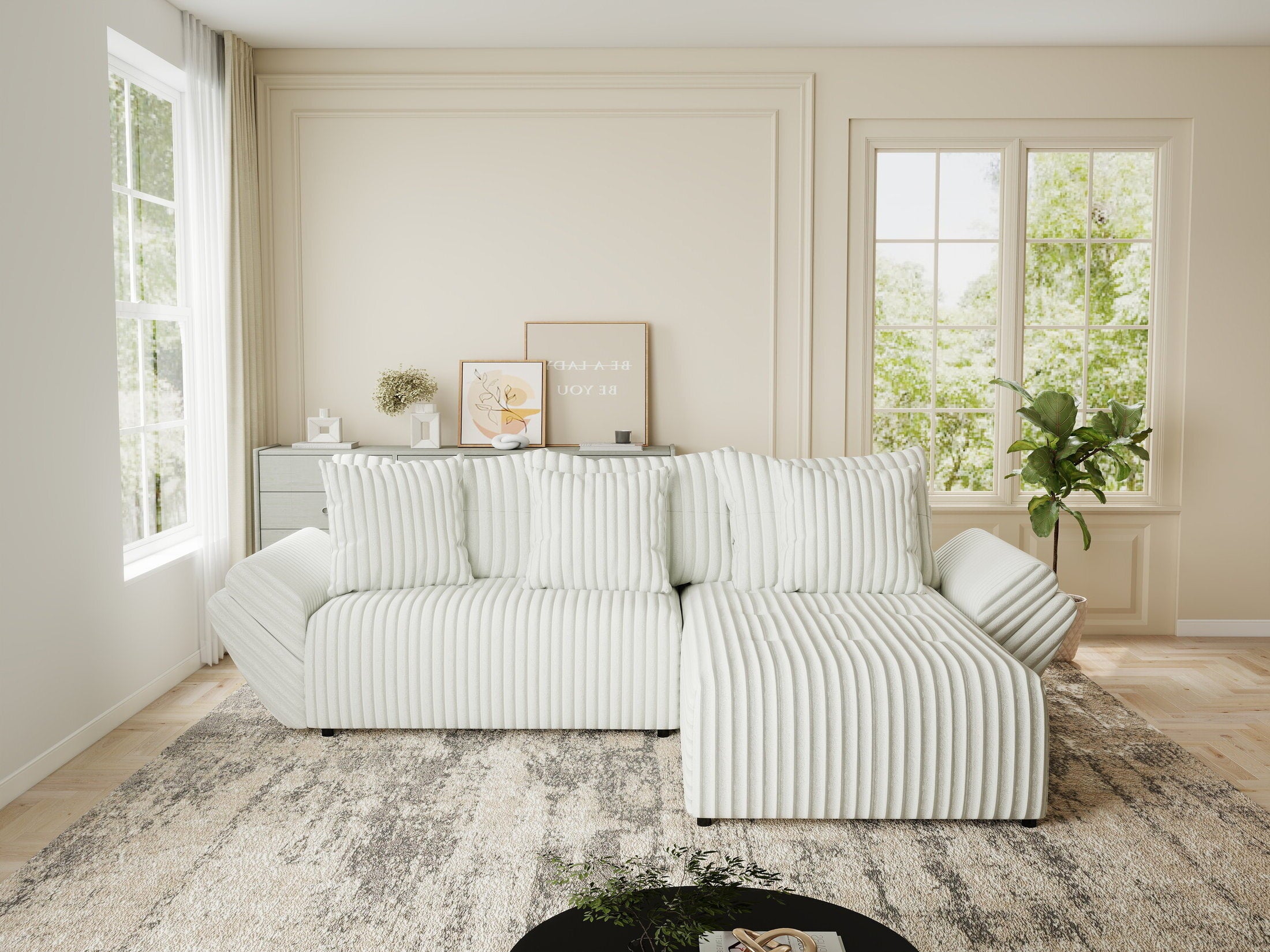 Colțar extensibil dumonde cu ladă de depozitare si sezut confortabil din spuma HR, Berlin Ambience Alb 280x185 cm II