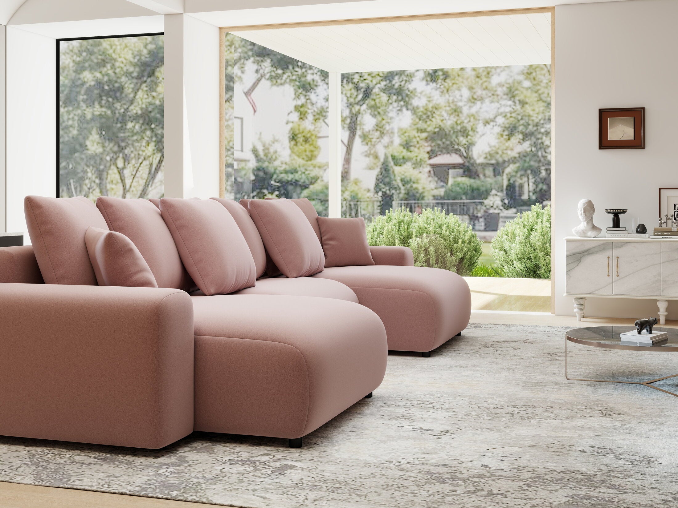 Colțar extensibil dumonde cu ladă de depozitare si sezut confortabil din spuma HR, Luma U Royal Roz 336x140 cm