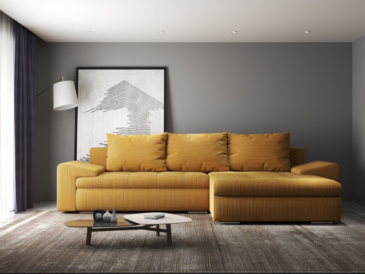 Colțar extensibil dumonde cu ladă de depozitare si sezut confortabil din spuma HR, Leonardo Zoom Mustar 260x185 cm II Fabrica