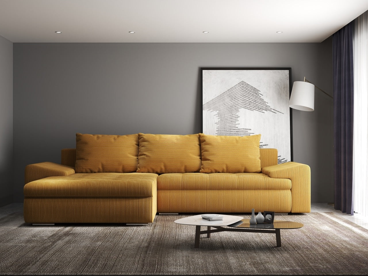 Colțar extensibil dumonde cu ladă de depozitare si sezut confortabil din spuma HR, Leonardo Zoom Mustar 260x185 cm Fabrica