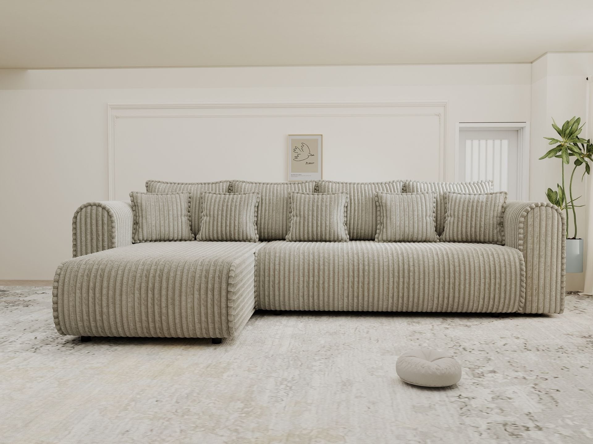 Colțar extensibil dumonde cu ladă de depozitare si sezut confortabil din spuma high-density, Monaco XL Tilia Capucino 340x185 cm