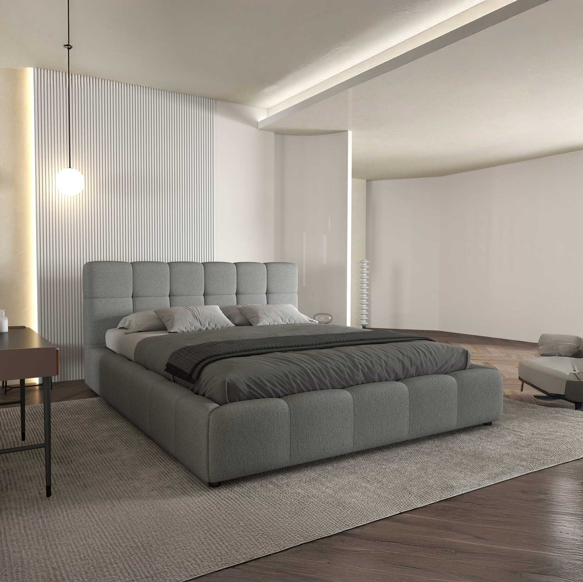 Pat dormitor dumonde, tapitat gri, Lorenzo 180X200 cm, somiera rabatabila inclusa, spatiu depozitare