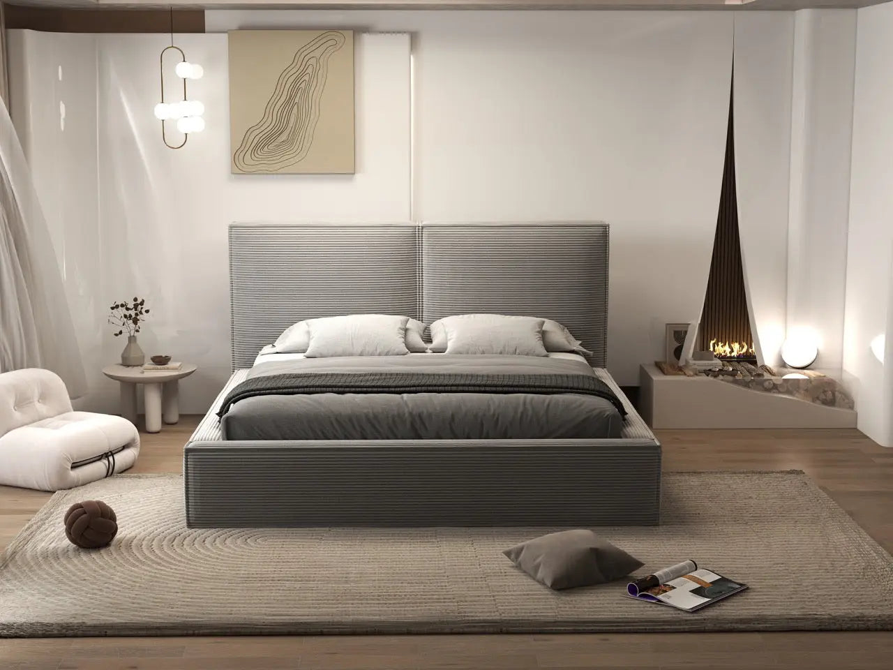 Pat dormitor dumonde, tapitat gri, Dreamer 160x200 cm, somiera rabatabila inclusa, spatiu depozitare WLS