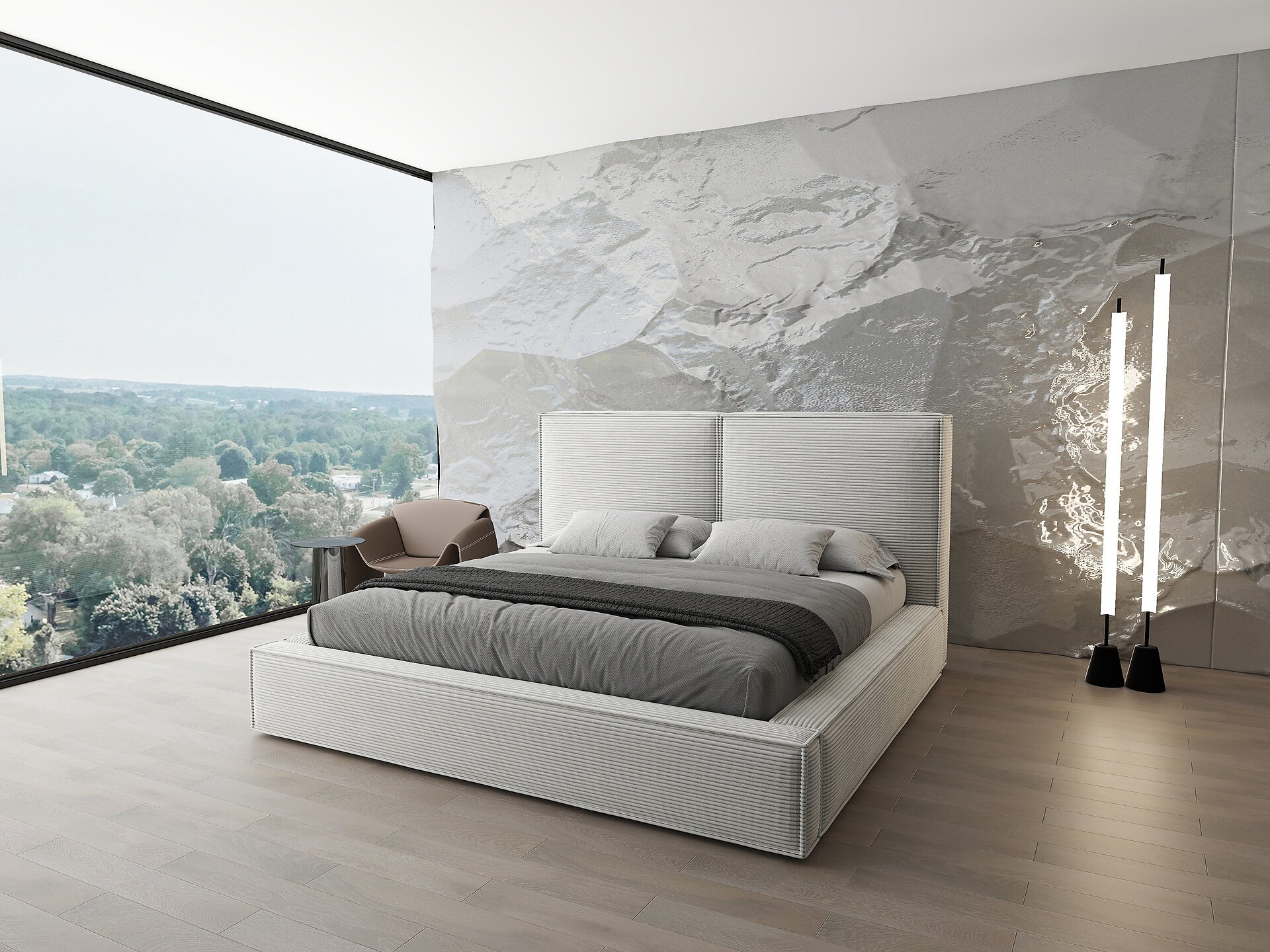 Pat dormitor dumonde, tapitat bej, Dreamer 160x200 cm, somiera rabatabila inclusa, spatiu depozitare