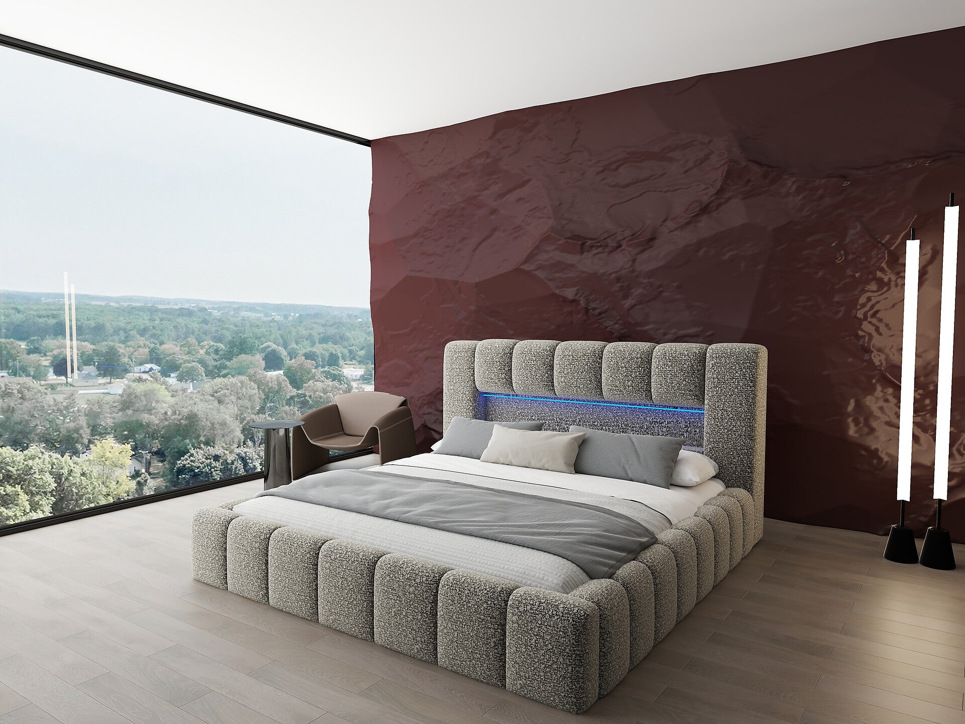 Pat dormitor dumonde, tapitat bej cu LED si USB, Palermo 160x200 cm, somiera rabatabila inclusa, spatiu depozitare