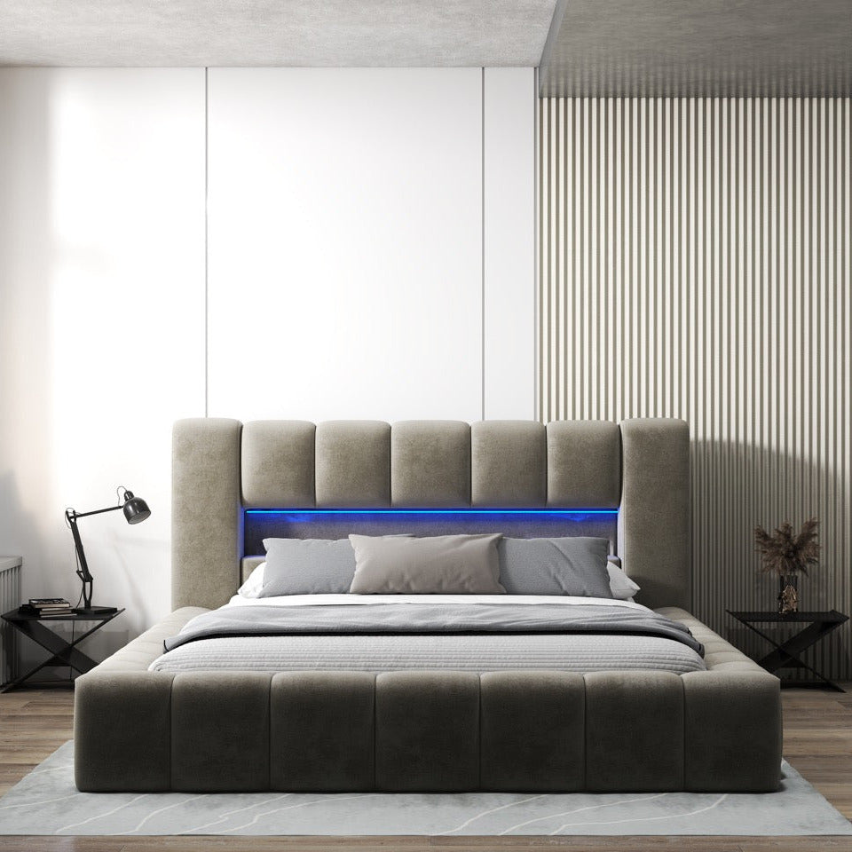 Pat dormitor dumonde, tapitat bej cu LED si USB, Palermo 160x200 cm, somiera rabatabila inclusa, spatiu depozitare