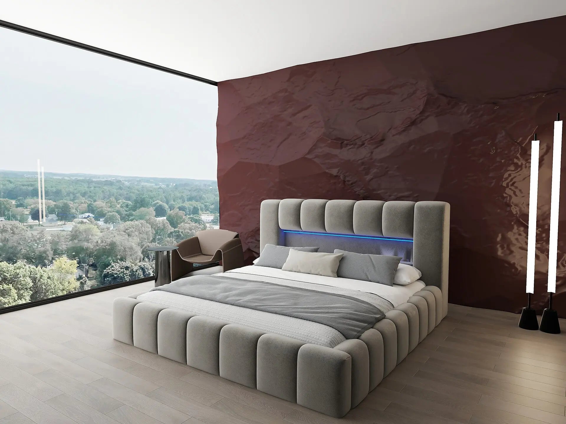 Pat dormitor dumonde, tapitat bej cu LED si USB, Palermo 180x200 cm, somiera rabatabila inclusa, spatiu depozitare WLS