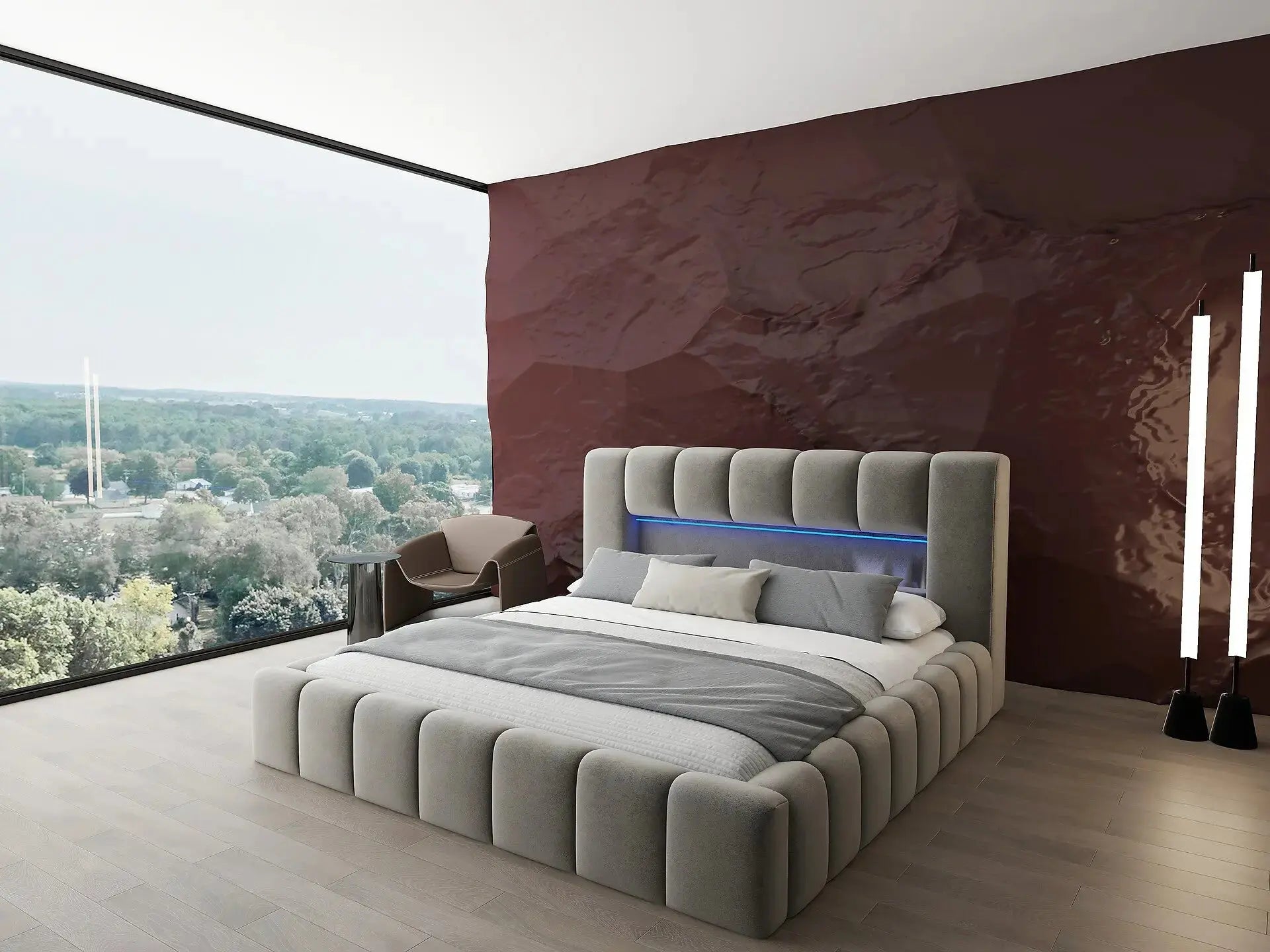 Pat dormitor dumonde, tapitat bej cu LED si USB, Palermo 160x200 cm, somiera rabatabila inclusa, spatiu depozitare WLS