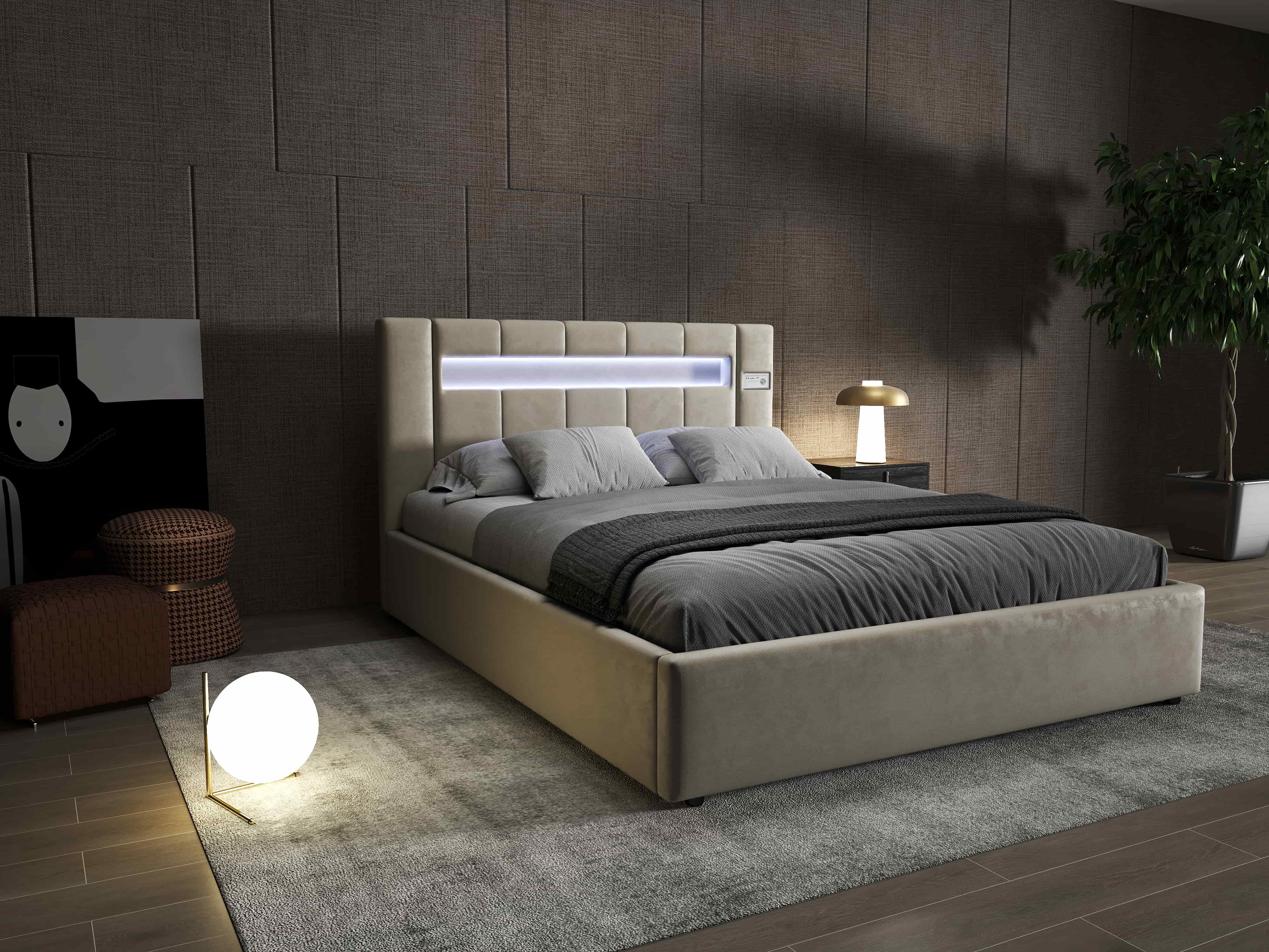 Pat dormitor dumonde, tapitat bej, Glow 180x200 cm, somiera rabatabila inclusa, spatiu depozitare WLS