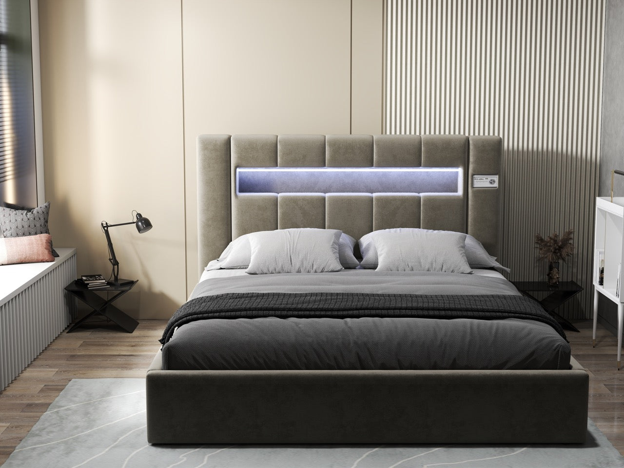 Pat dormitor dumonde, tapitat bej, Glow 180x200 cm, somiera rabatabila inclusa, spatiu depozitare
