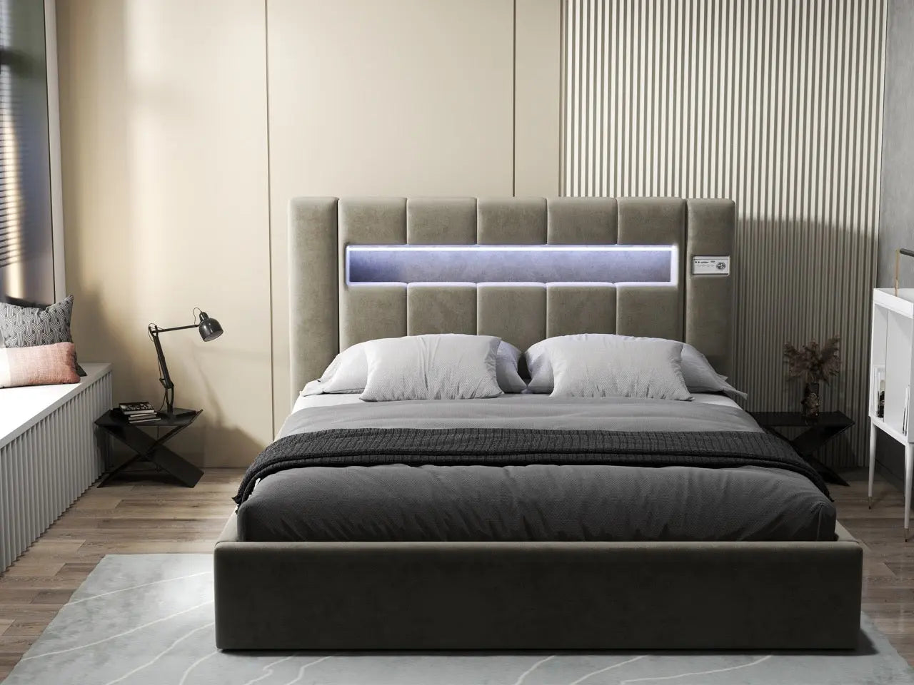 Pat dormitor dumonde, tapitat bej, Glow 180x200 cm, somiera rabatabila inclusa, spatiu depozitare WLS