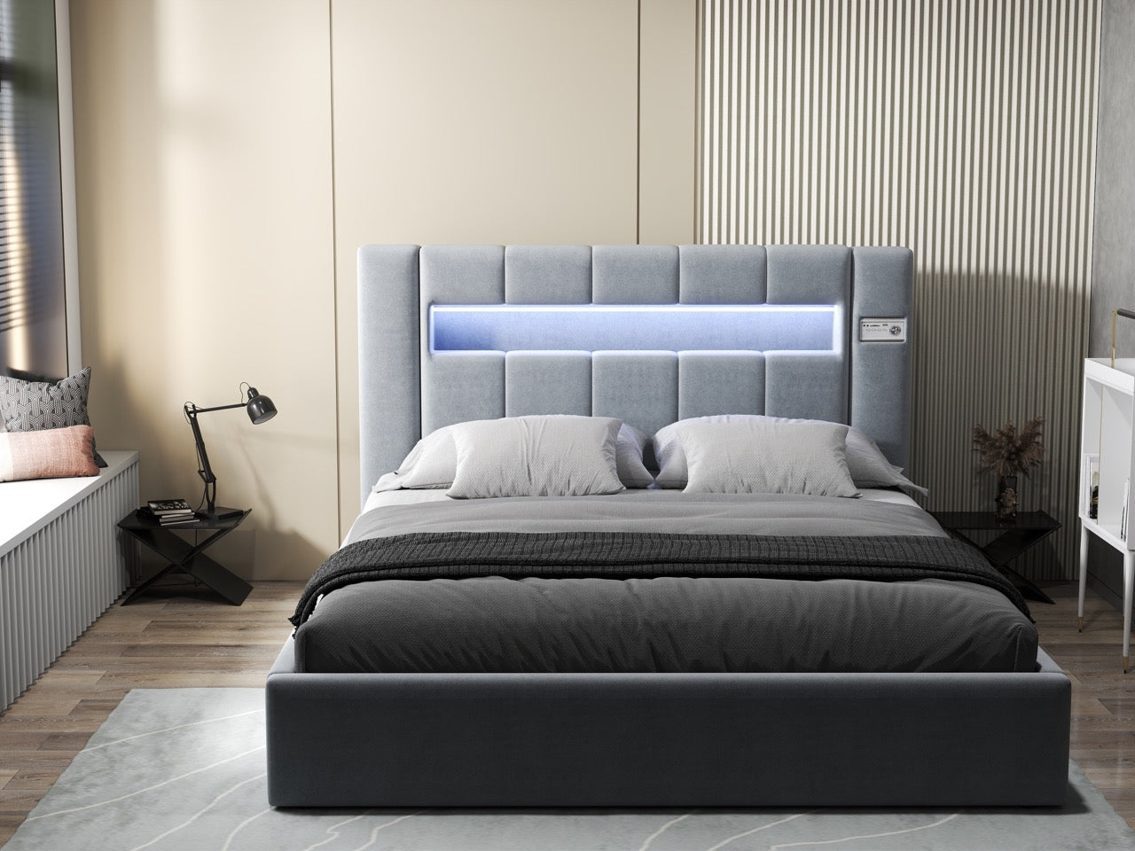 Pat dormitor dumonde, tapitat gri, Glow 180x200 cm, somiera rabatabila inclusa, spatiu depozitare