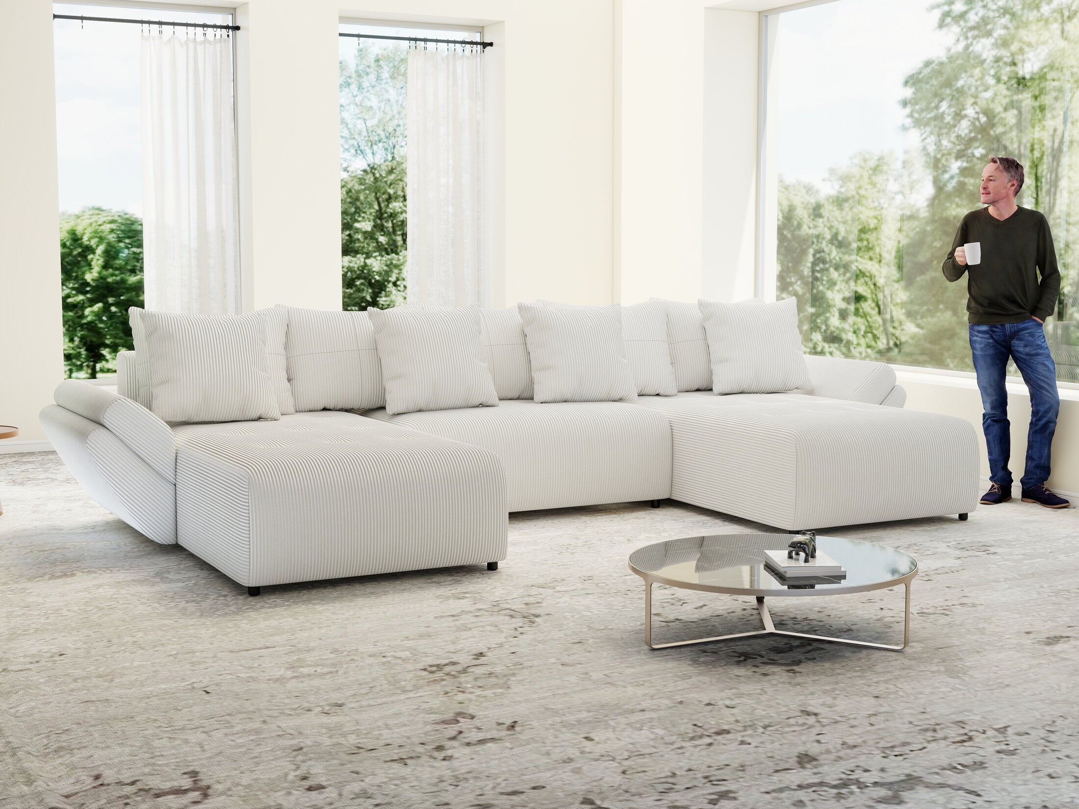 Colțar extensibil dumonde cu ladă de depozitare si sezut confortabil din spuma HR, Berlin U Zoom Grey 380x180 cm