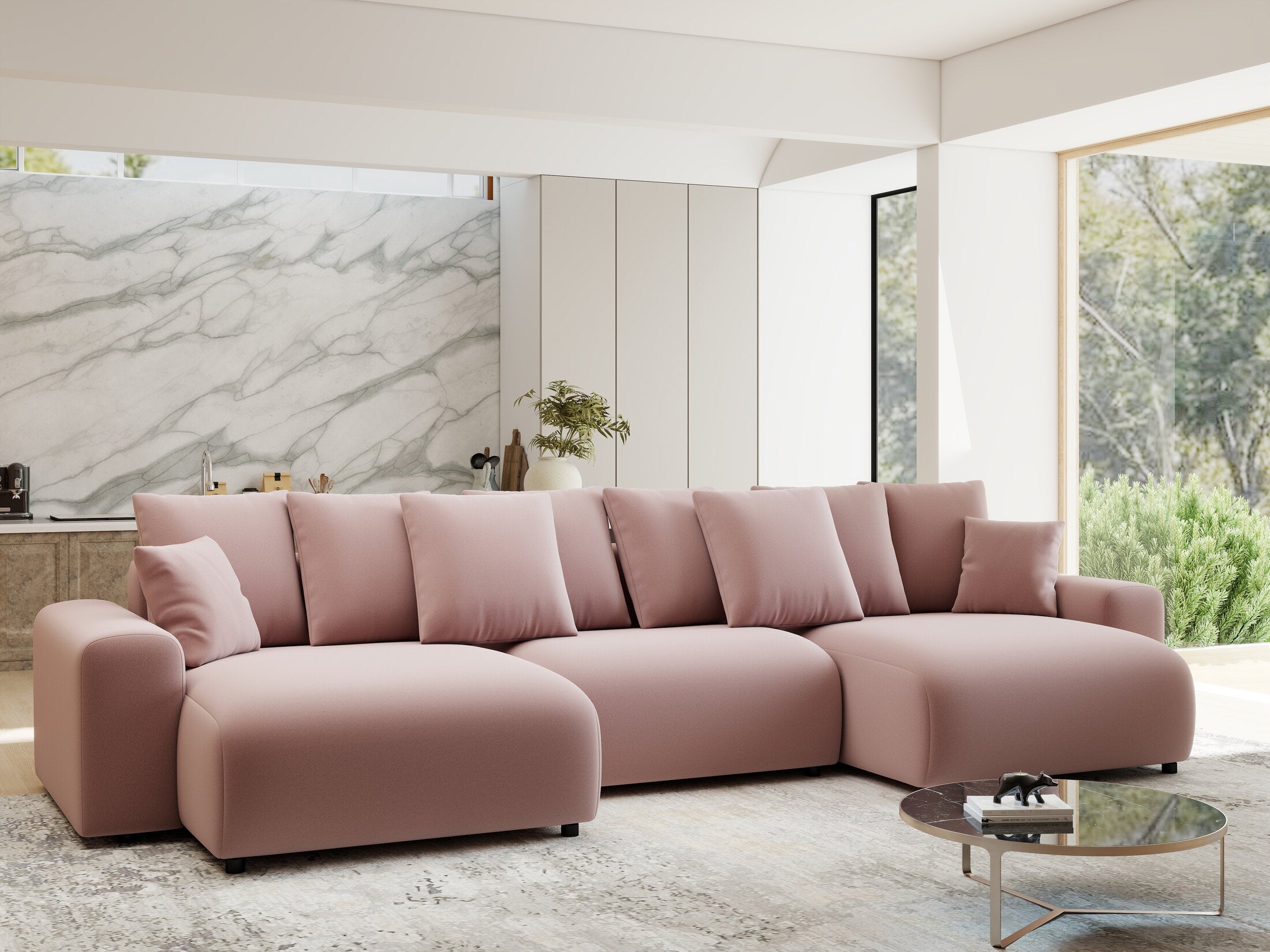 Colțar extensibil dumonde cu ladă de depozitare si sezut confortabil din spuma HR, Luma U Royal Roz 336x140 cm