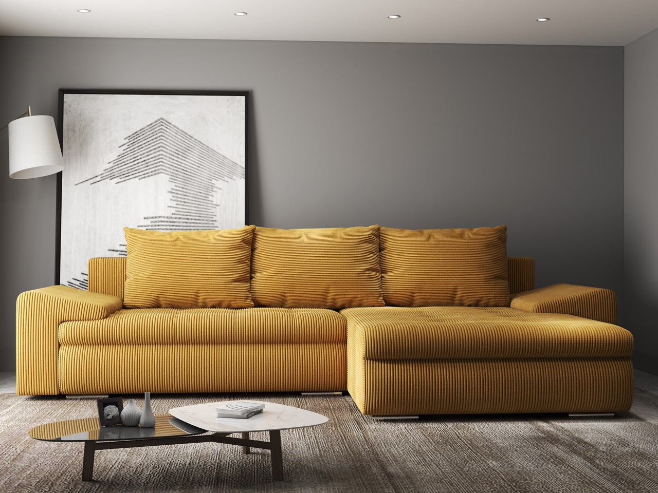 Colțar extensibil dumonde cu ladă de depozitare si sezut confortabil din spuma HR, Leonardo Zoom Mustar 260x185 cm II Fabrica