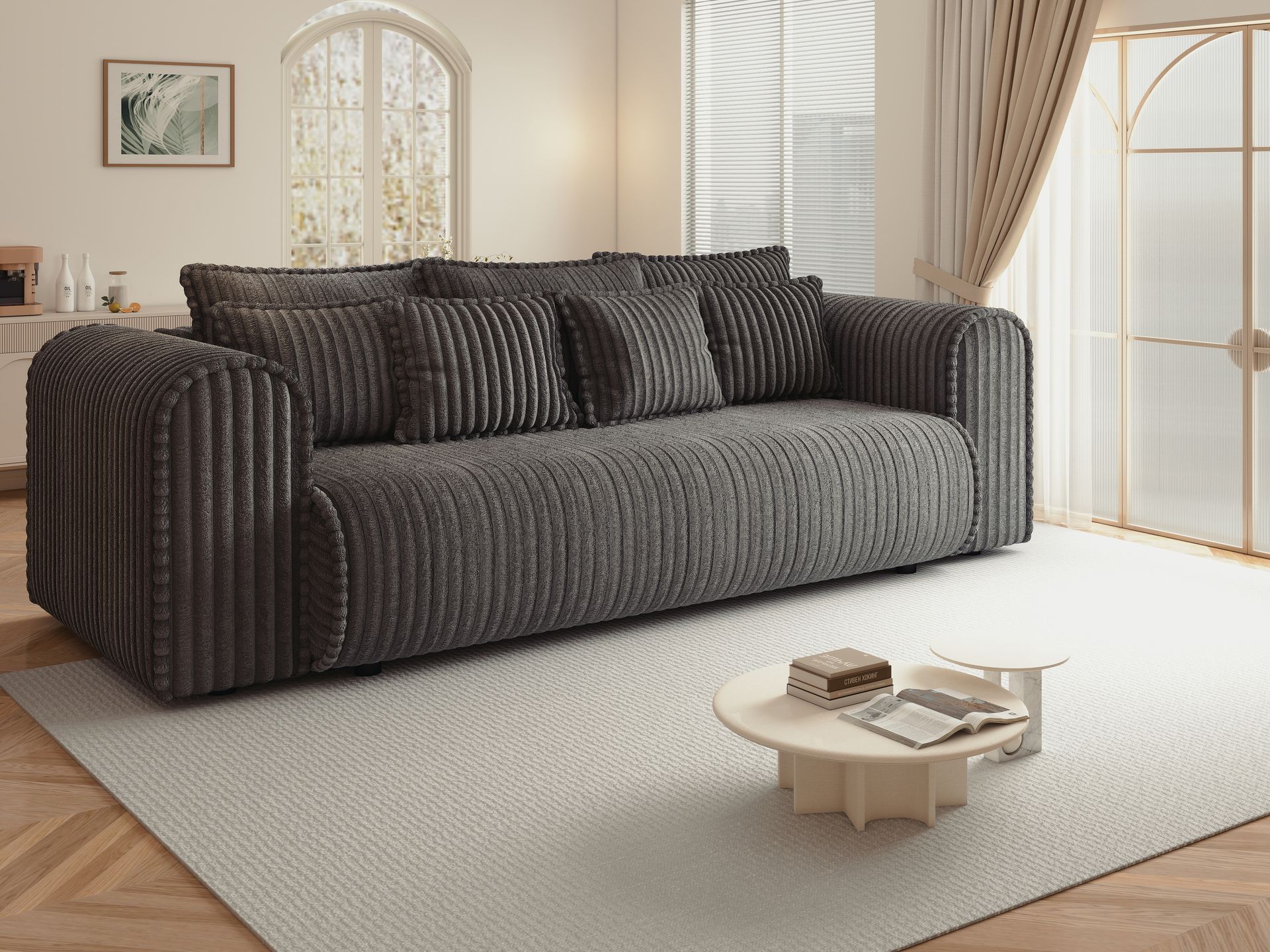 Canapea extensibilă dumonde cu ladă de depozitare si sezut confortabil din spuma high-density, Monaco Mica Tilia Grafit 240x100 cm