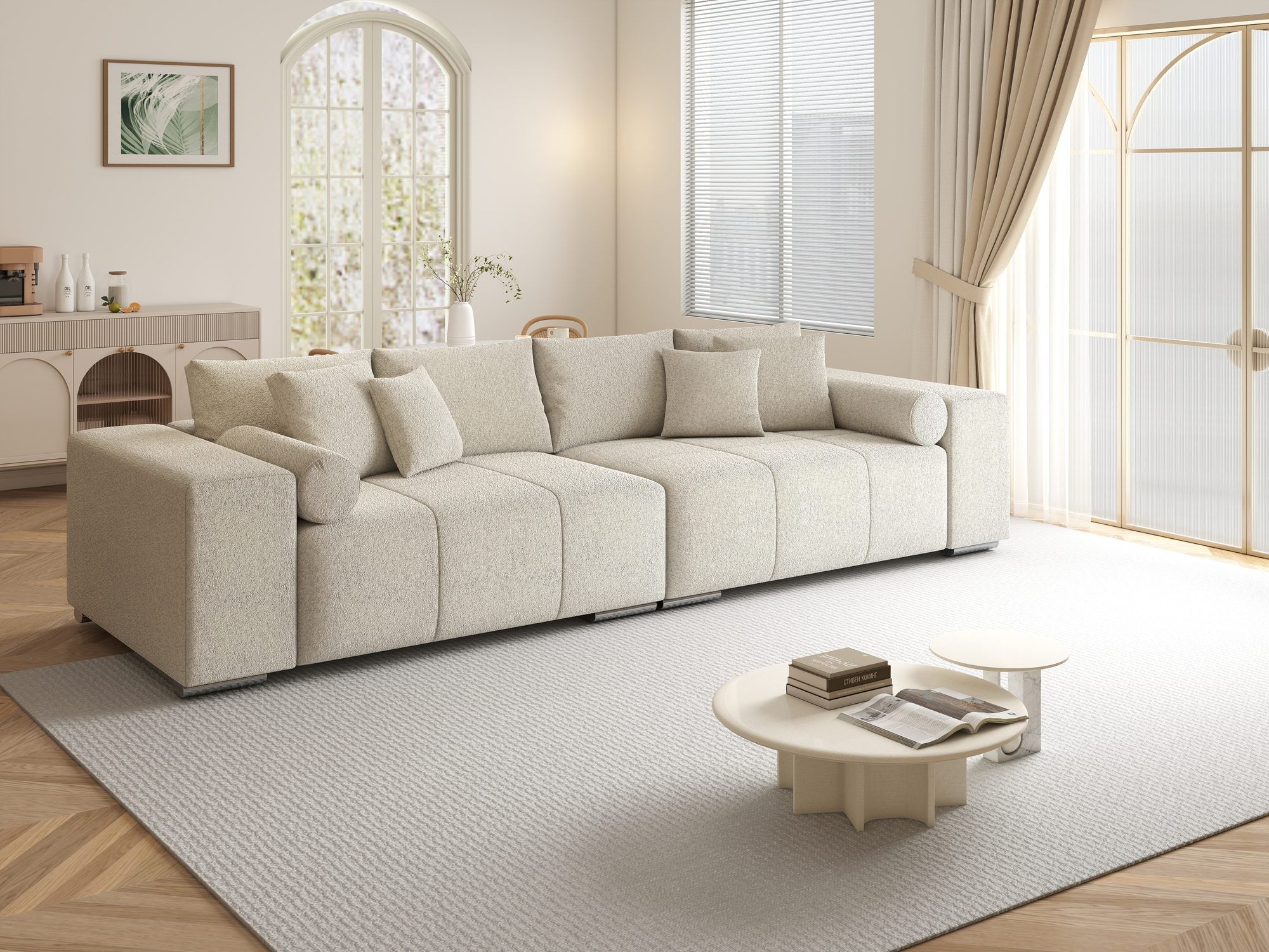 Canapea extensibilă dumonde cu ladă de depozitare si sezut confortabil din spuma high-density, Marbela XXL Monte Bej 03 290x100 cm